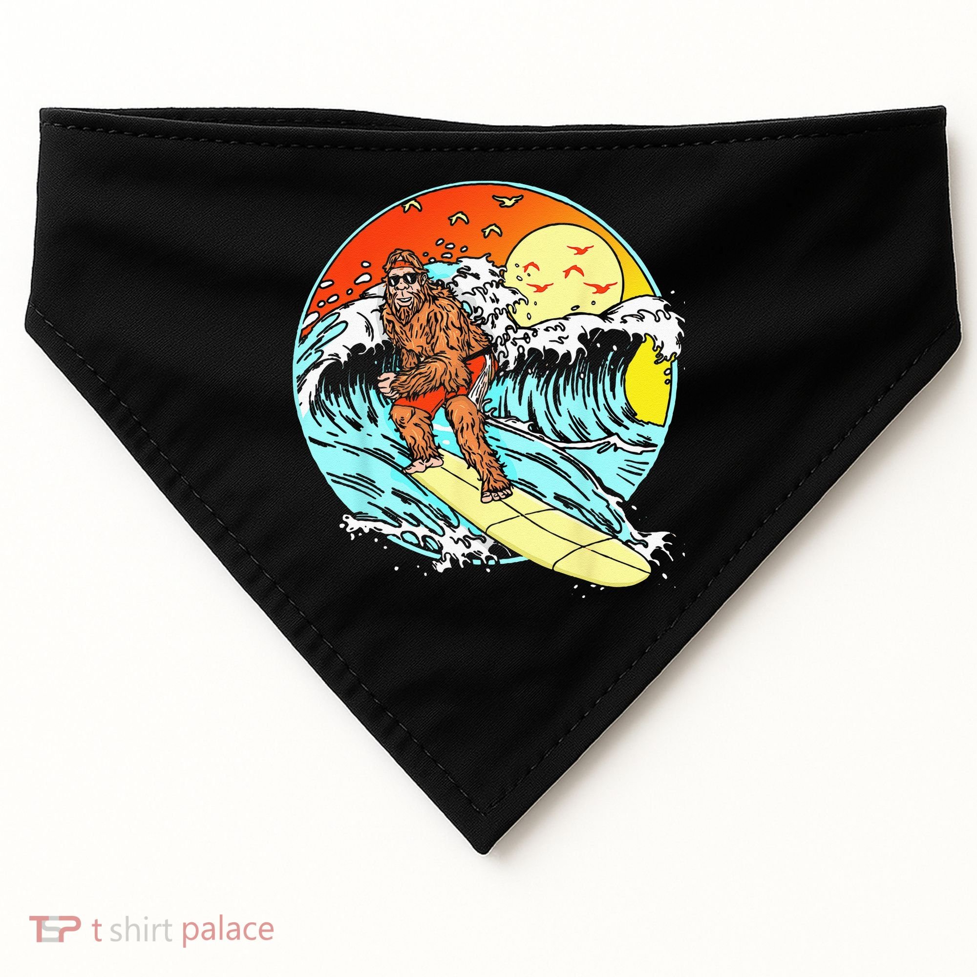 Surfing Bigfoot Funny Beach Sasquatch Surfer Waves Retro 80s USA-Made Doggie Bandana