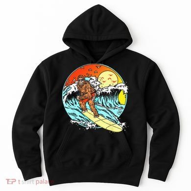 Surfing Bigfoot Funny Beach Sasquatch Surfer Waves Retro 80s Hoodie