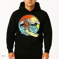 Surfing Bigfoot Funny Beach Sasquatch Surfer Waves Retro 80s Hoodie thumb 2