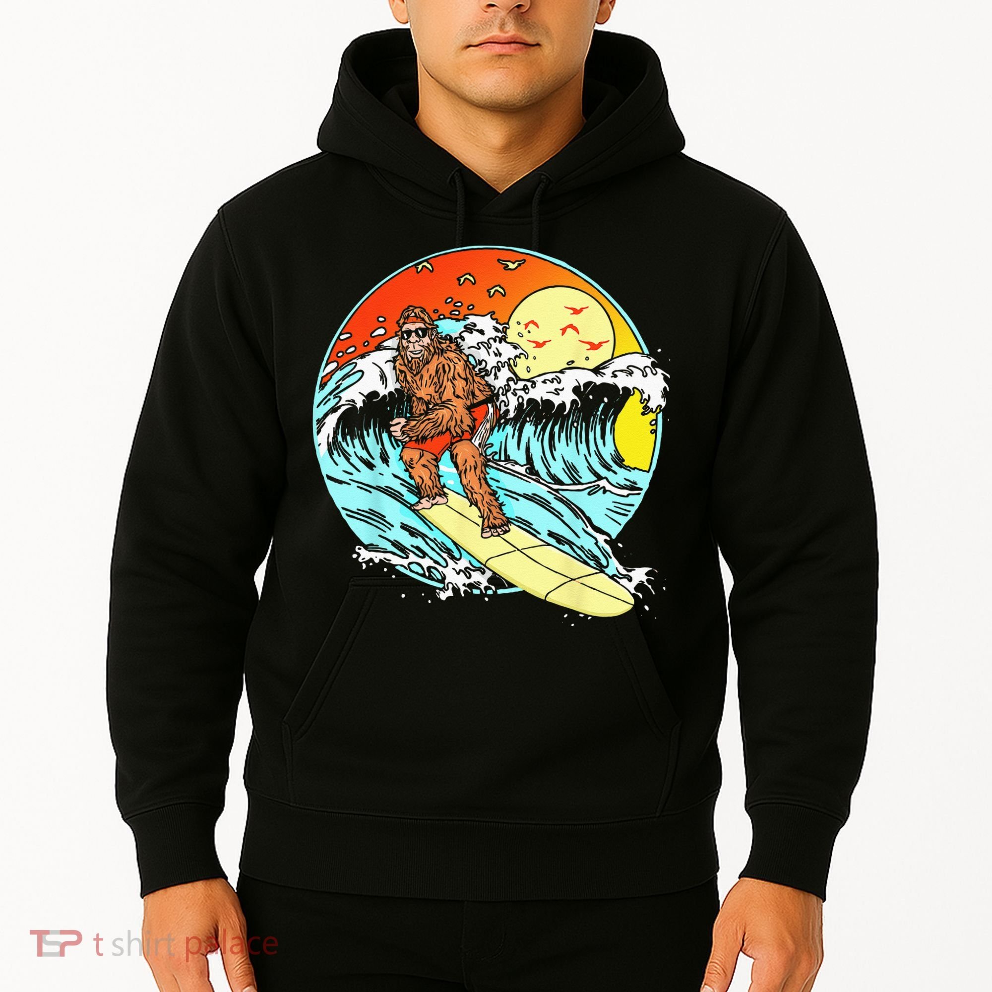 Surfing Bigfoot Funny Beach Sasquatch Surfer Waves Retro 80s Hoodie