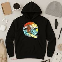 Surfing Bigfoot Funny Beach Sasquatch Surfer Waves Retro 80s Hoodie thumb 3