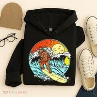 Surfing Bigfoot Funny Beach Sasquatch Surfer Waves Retro 80s Hoodie thumb 4