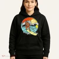 Surfing Bigfoot Funny Beach Sasquatch Surfer Waves Retro 80s Hoodie thumb 5