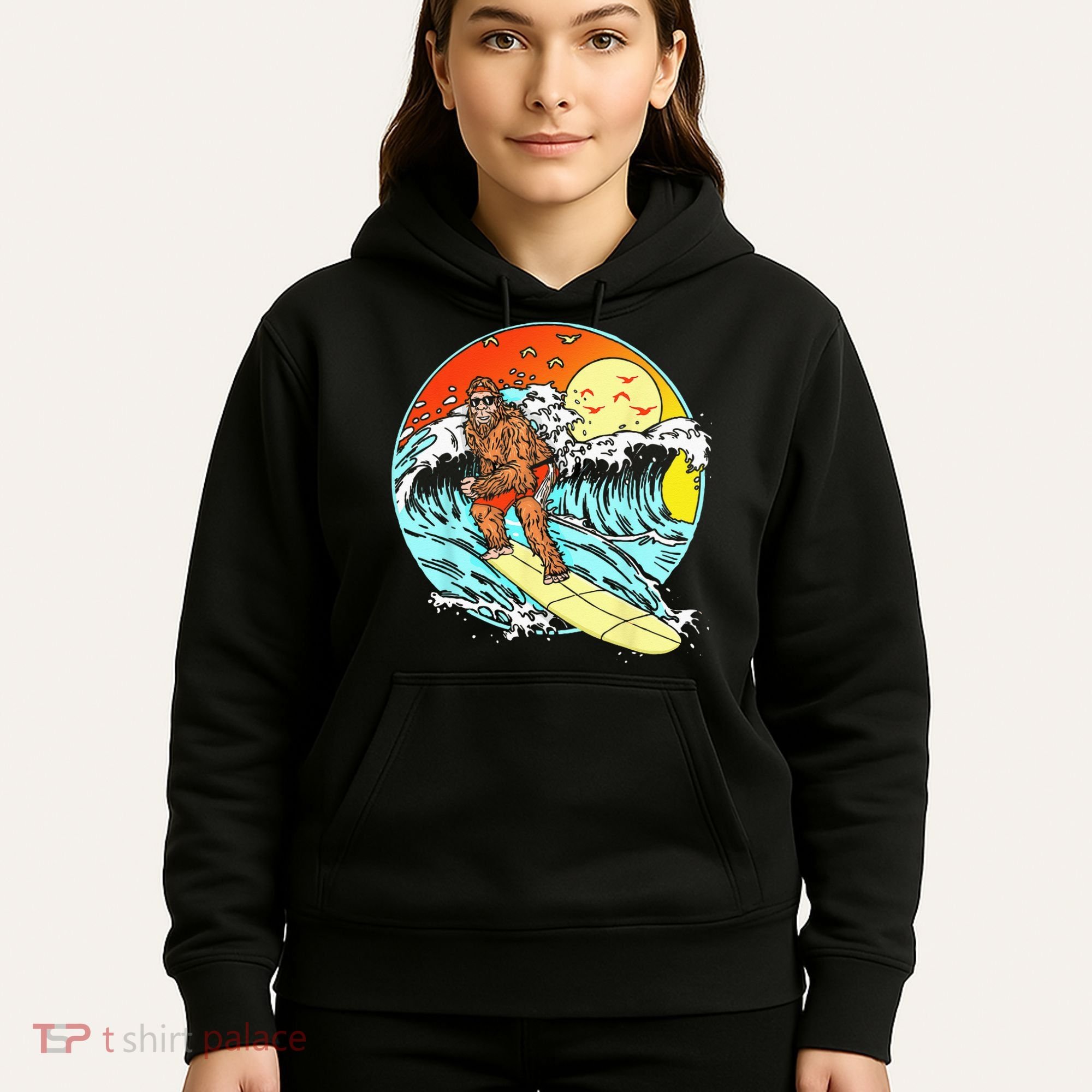 Surfing Bigfoot Funny Beach Sasquatch Surfer Waves Retro 80s Hoodie