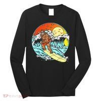 Surfing Bigfoot Funny Beach Sasquatch Surfer Waves Retro 80s Long Sleeve Shirt thumb 0