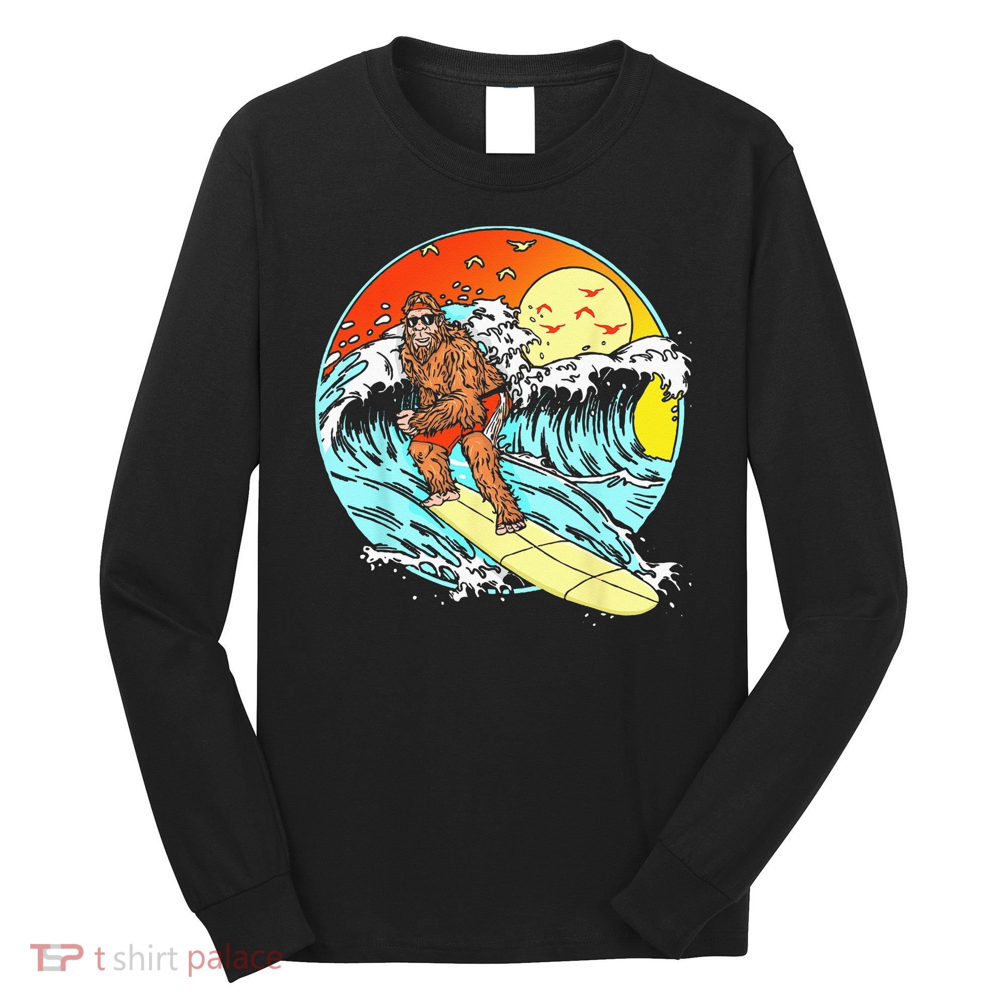Surfing Bigfoot Funny Beach Sasquatch Surfer Waves Retro 80s Long Sleeve Shirt