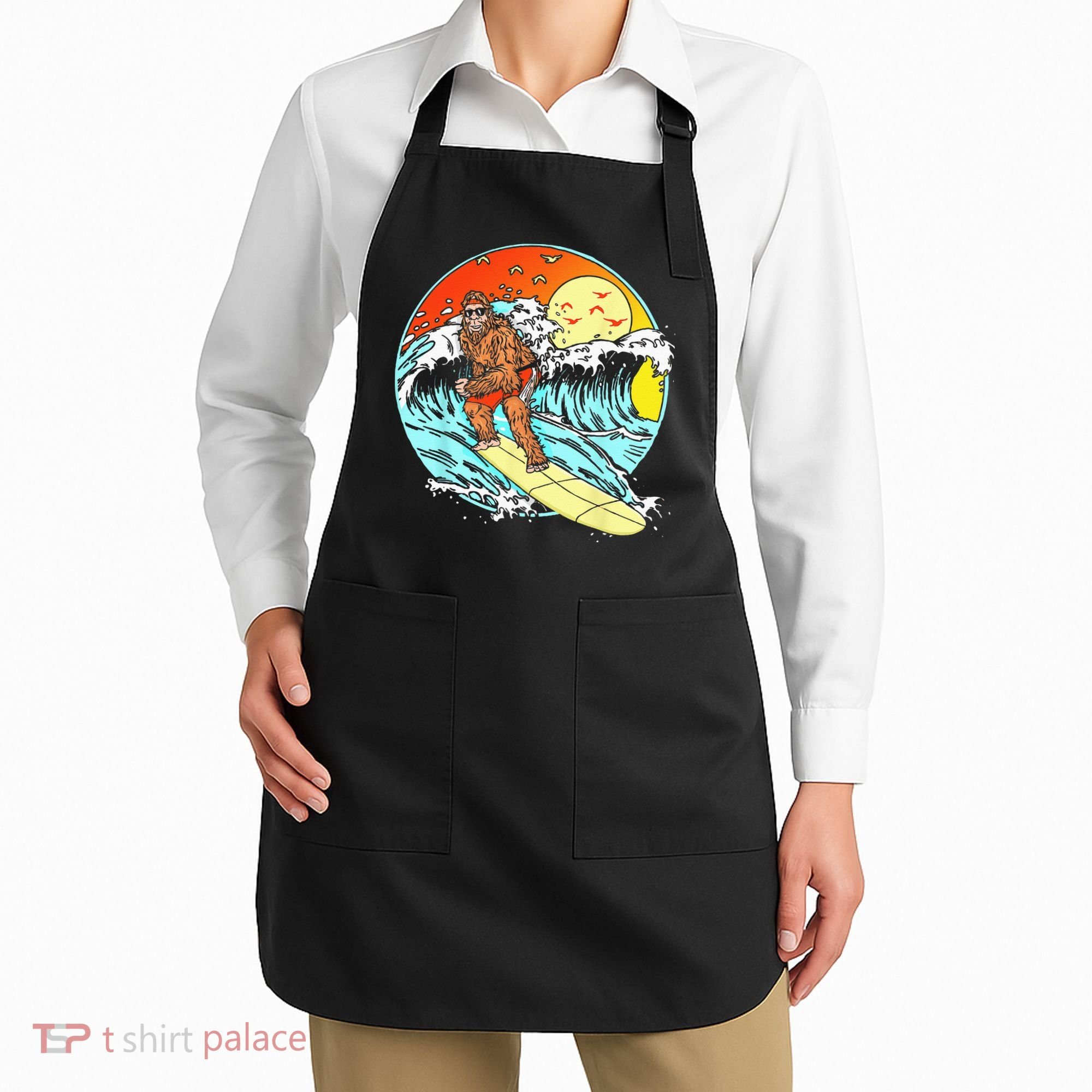 Surfing Bigfoot Funny Beach Sasquatch Surfer Waves Retro 80s Apron