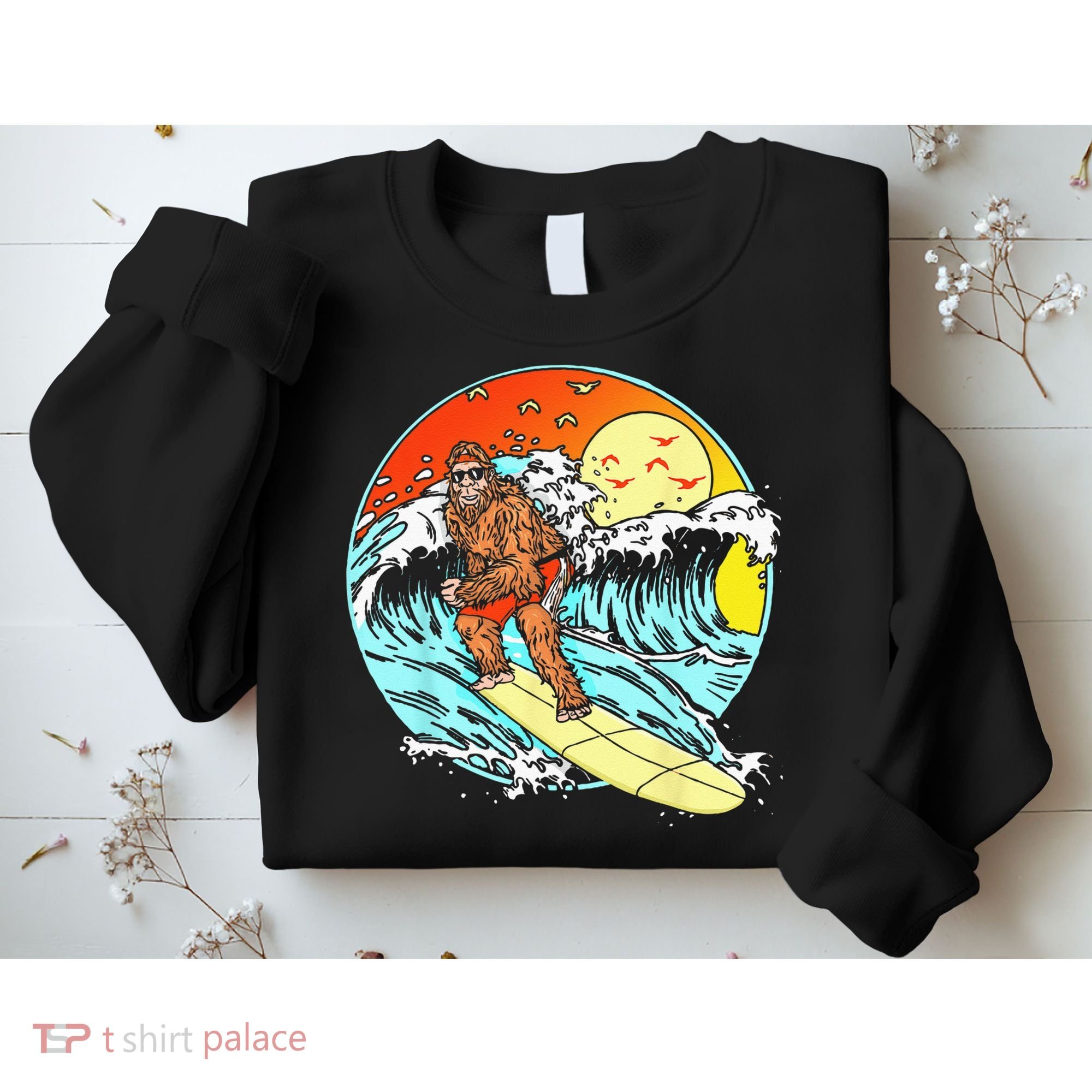 Surfing Bigfoot Funny Beach Sasquatch Surfer Waves Retro 80s Sweatshirt