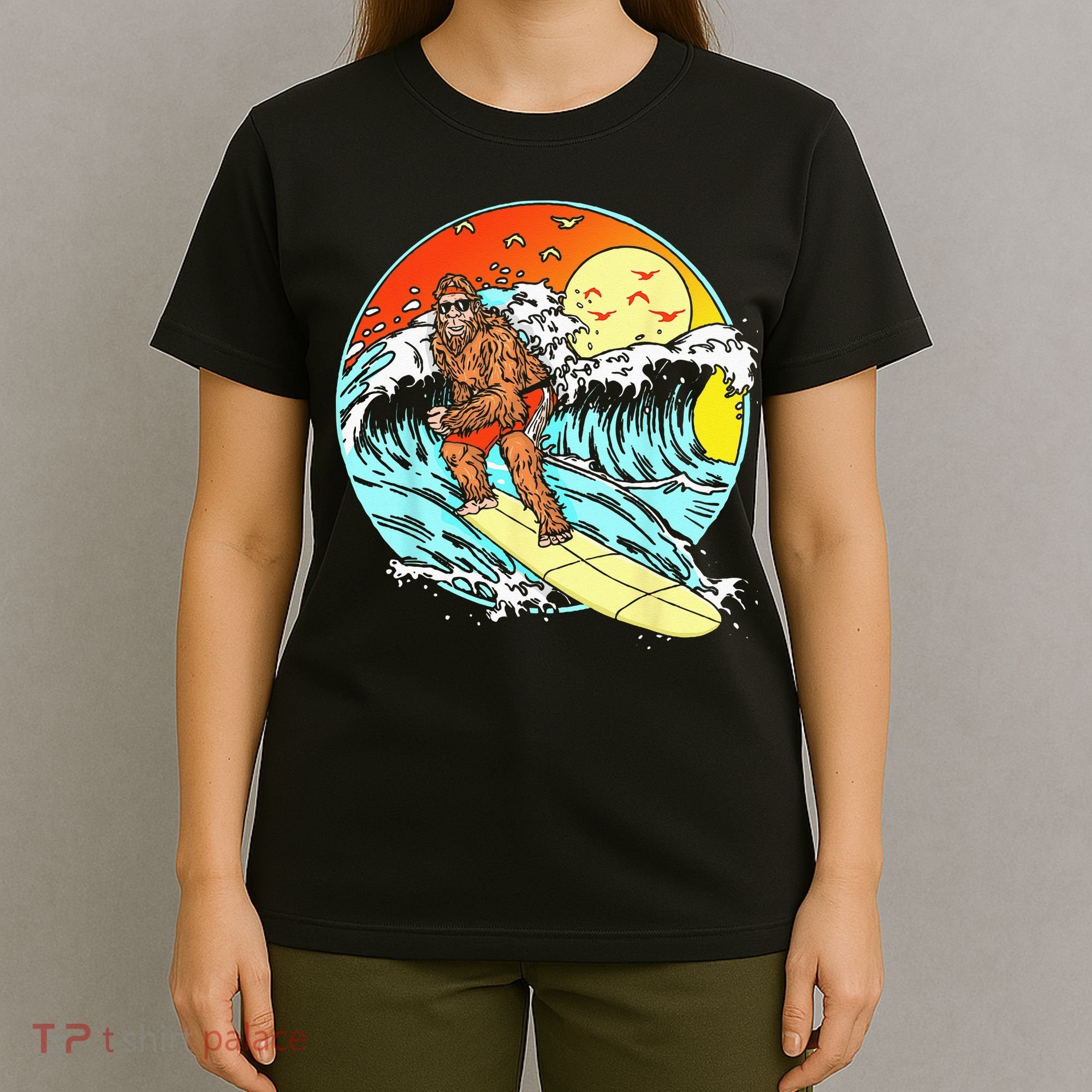 Surfing Bigfoot Funny Beach Sasquatch Surfer Waves Retro 80s T-Shirt