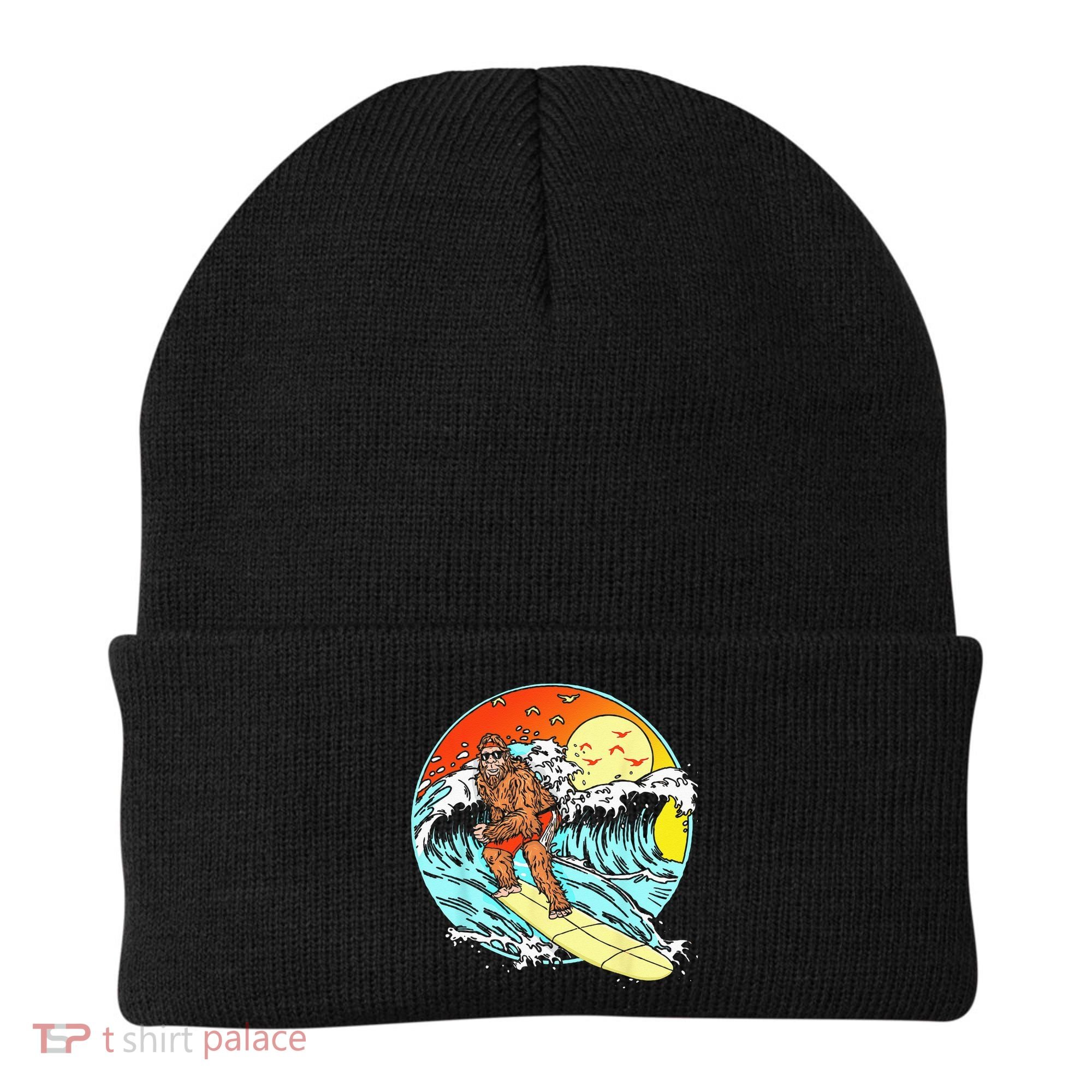 Surfing Bigfoot Funny Beach Sasquatch Surfer Waves Retro 80s Beanie