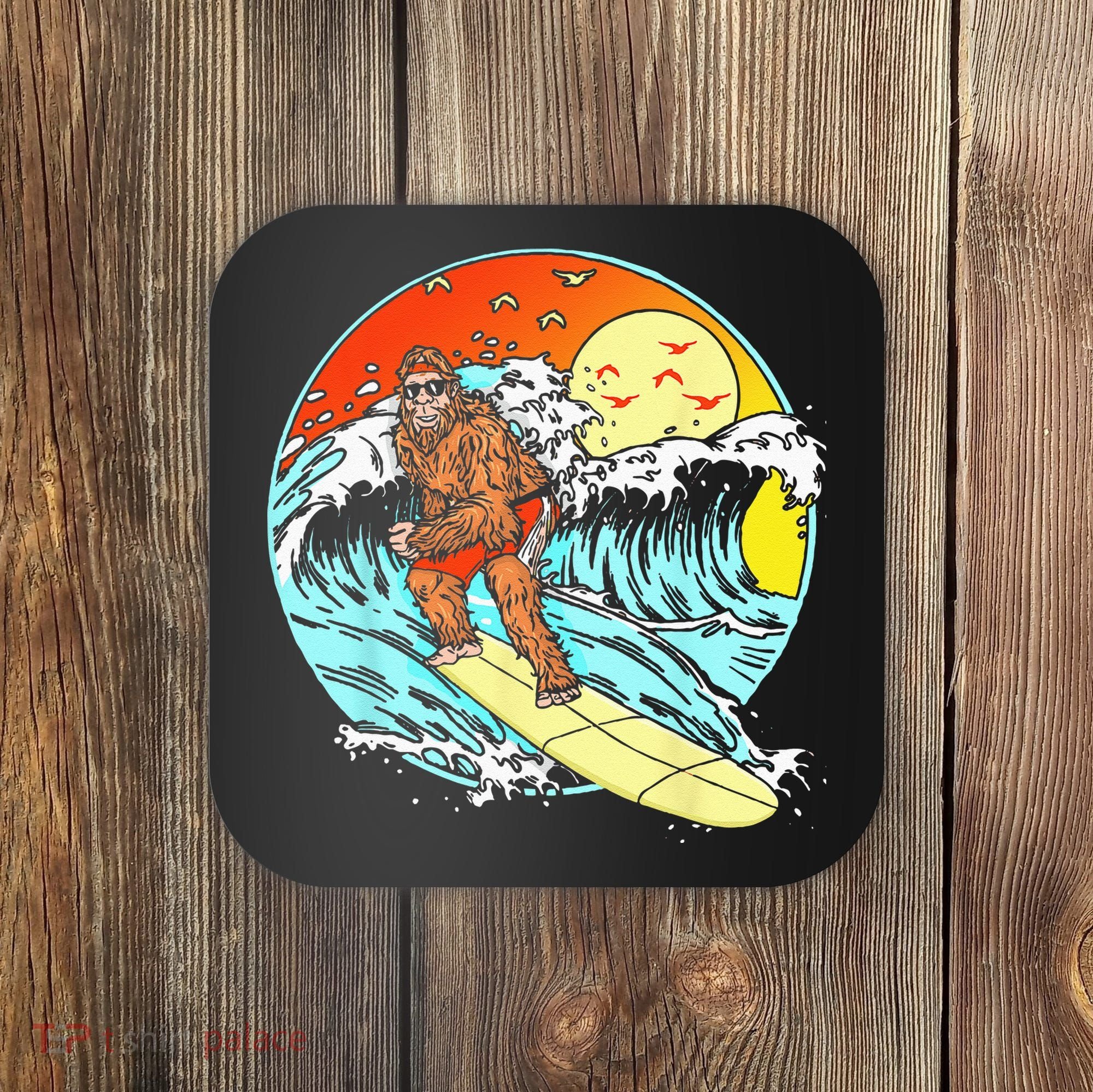 Surfing Bigfoot Funny Beach Sasquatch Surfer Waves Retro 80s Coaster