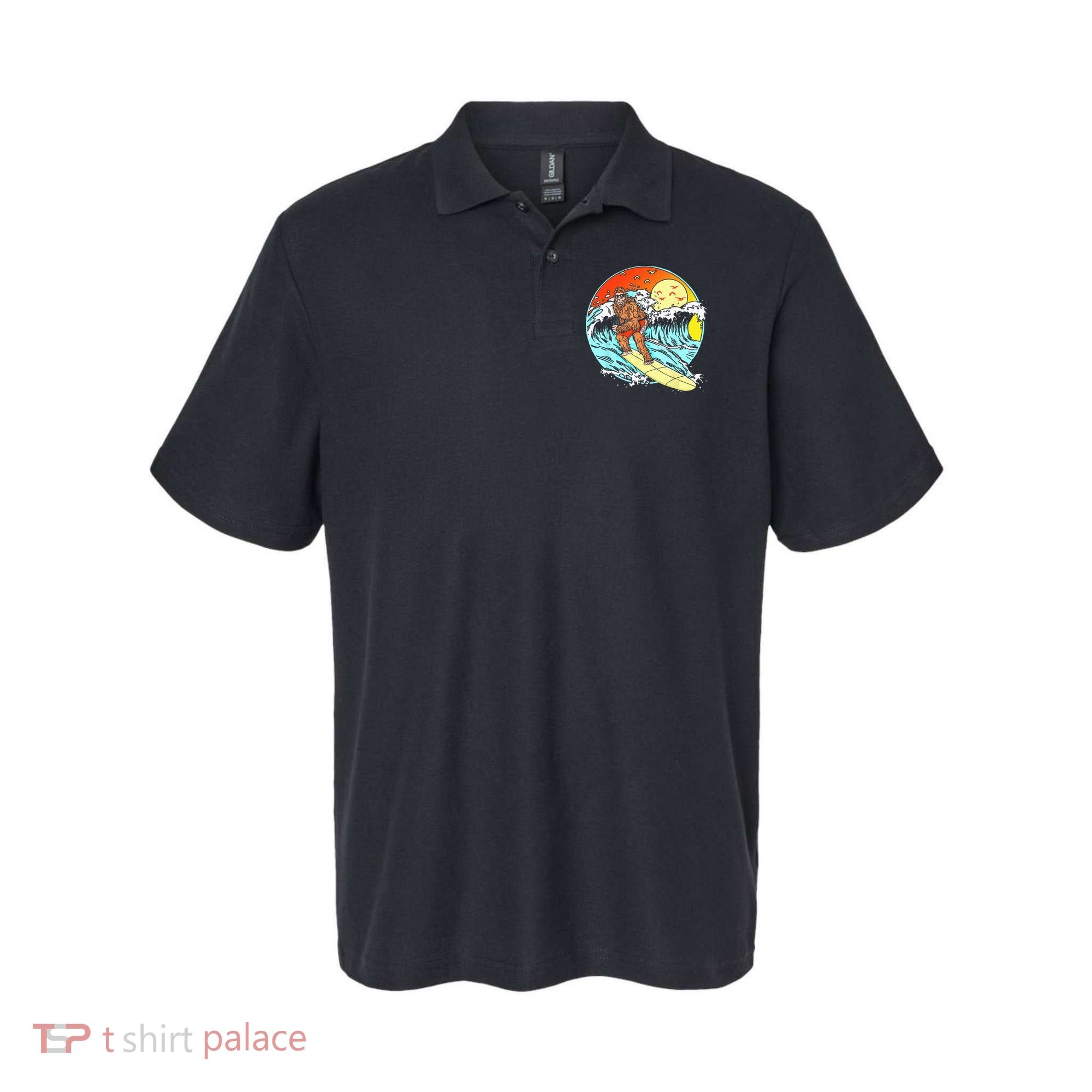 Surfing Bigfoot Funny Beach Sasquatch Surfer Waves Retro 80s Polo
