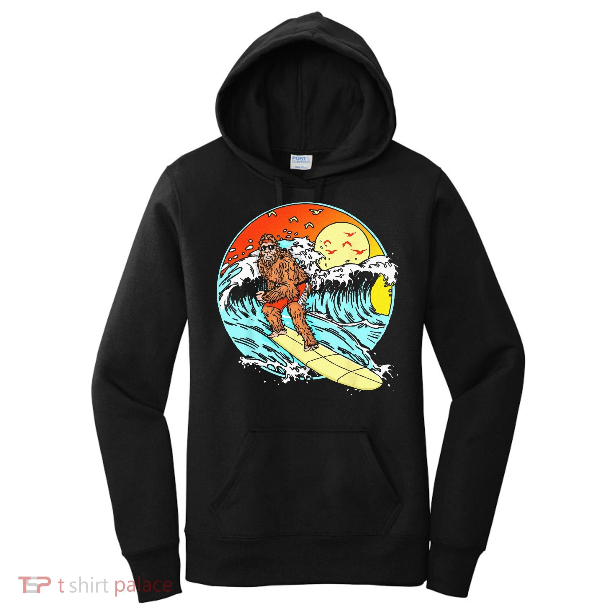 Surfing Bigfoot Funny Beach Sasquatch Surfer Waves Retro 80s Women's Hoodie