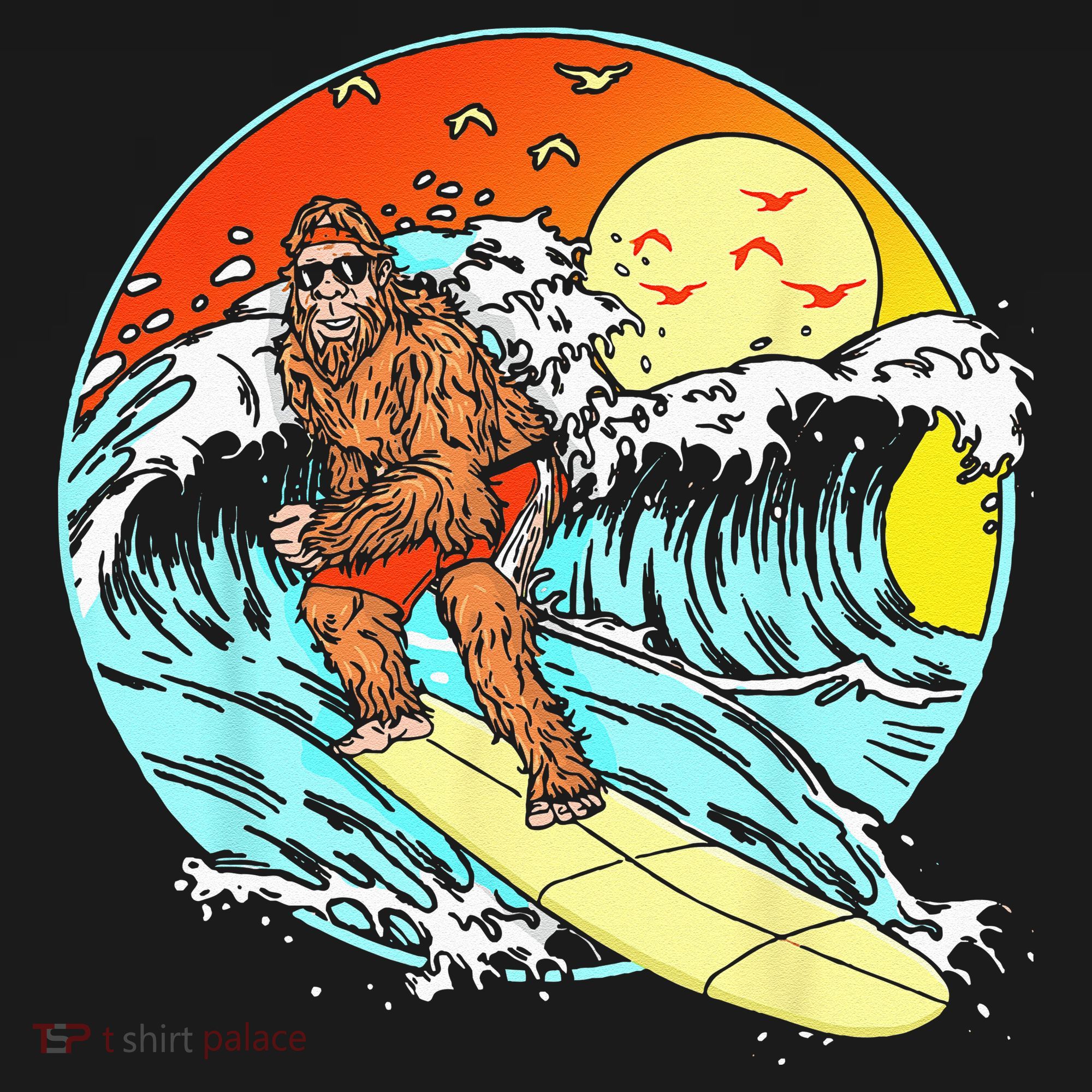 Surfing Bigfoot Funny Beach Sasquatch Surfer Waves Retro 80s Women's Hoodie