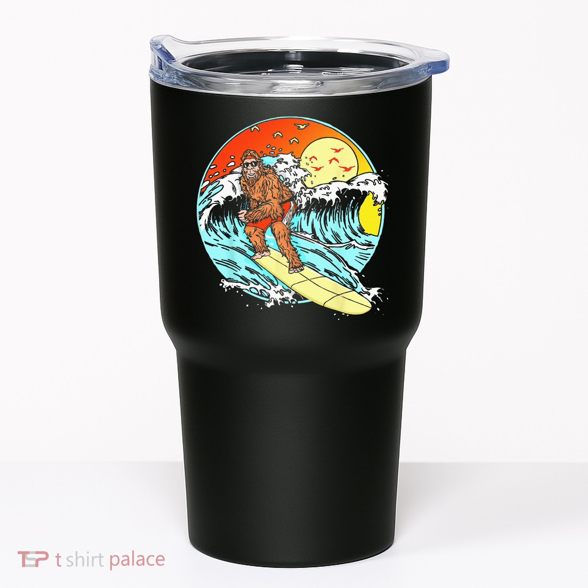 Surfing Bigfoot Funny Beach Sasquatch Surfer Waves Retro 80s Tumbler