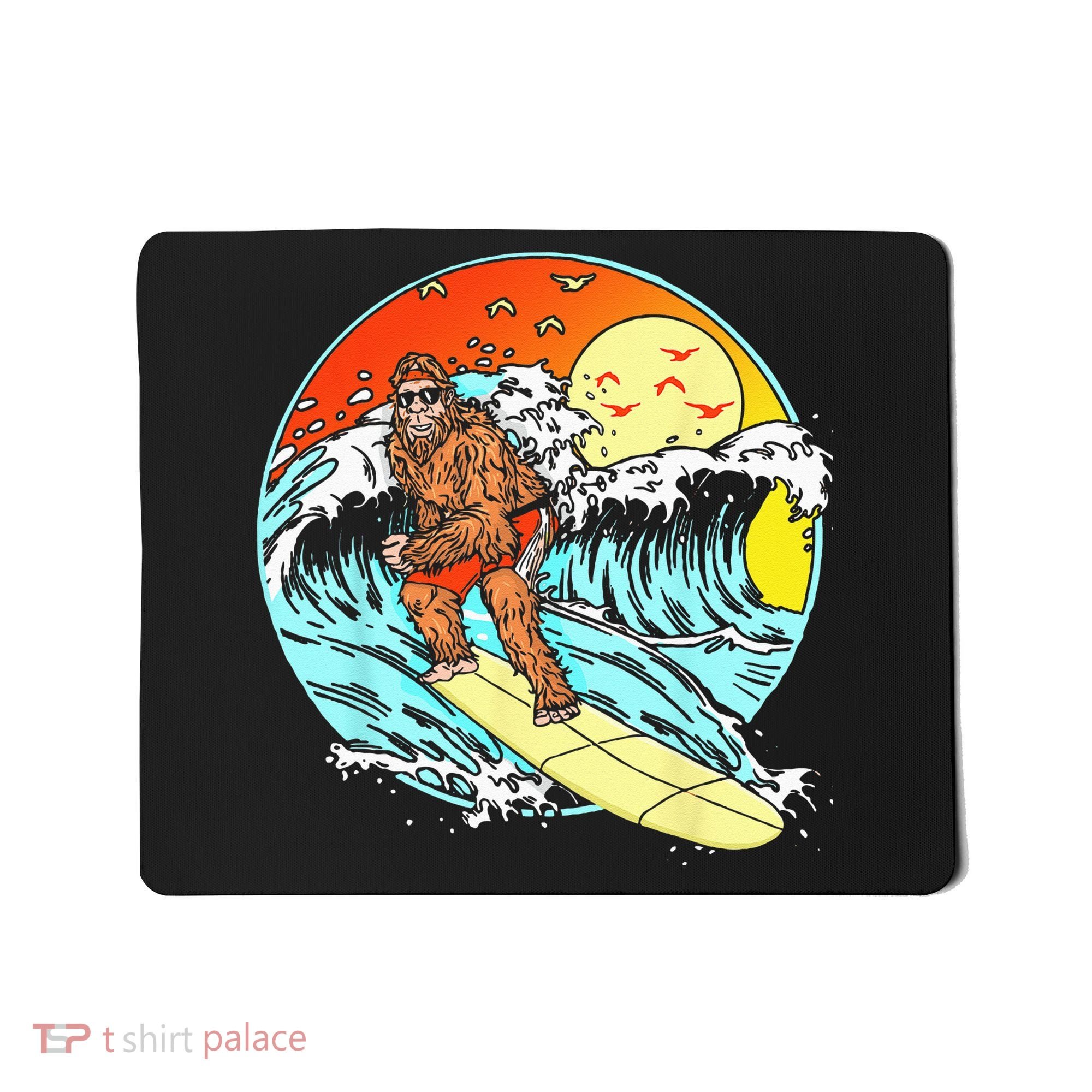 Surfing Bigfoot Funny Beach Sasquatch Surfer Waves Retro 80s Mousepad