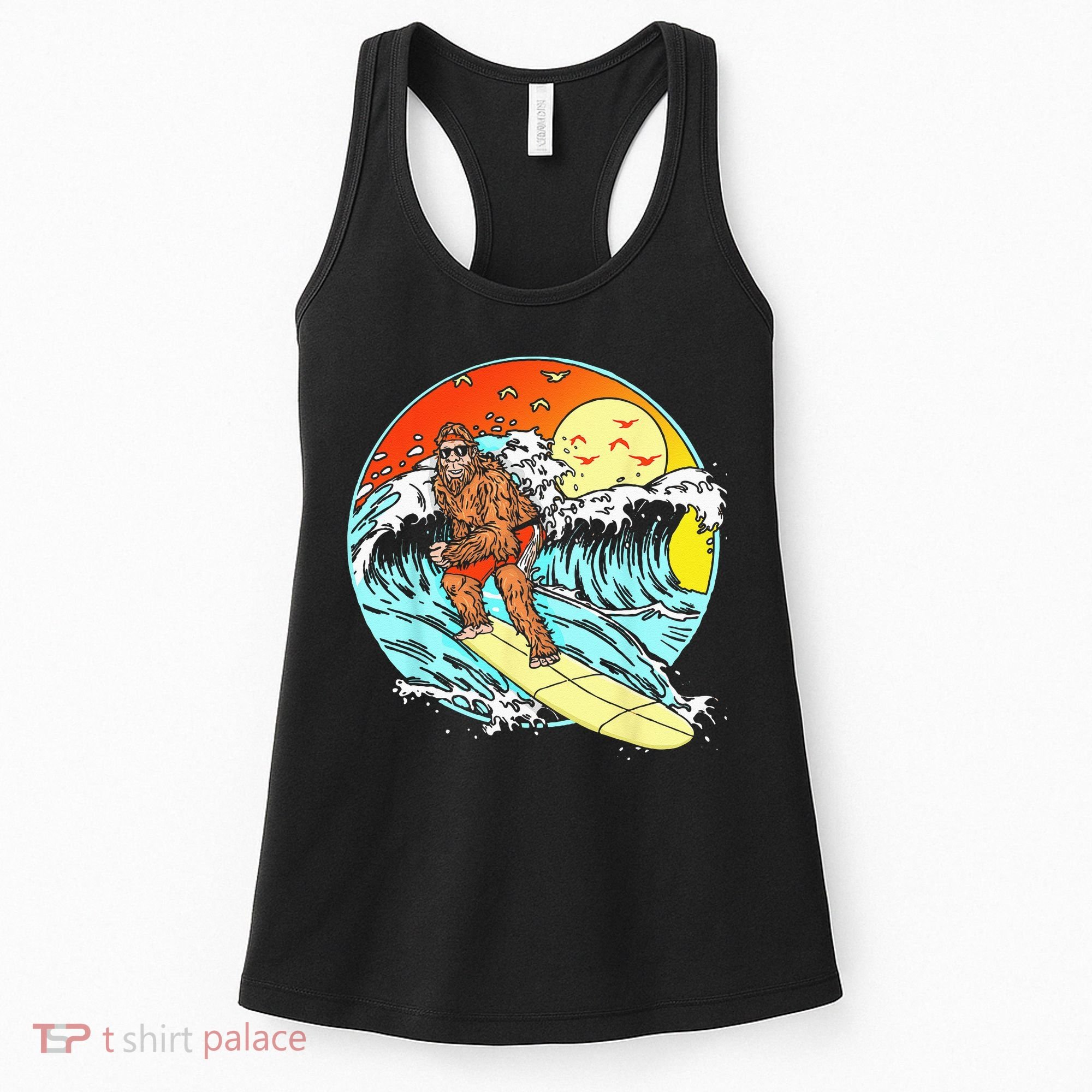 Surfing Bigfoot Funny Beach Sasquatch Surfer Waves Retro 80s Women's Tank Top