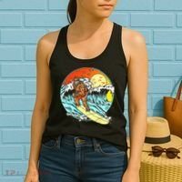 Surfing Bigfoot Funny Beach Sasquatch Surfer Waves Retro 80s Women's Tank Top thumb 2
