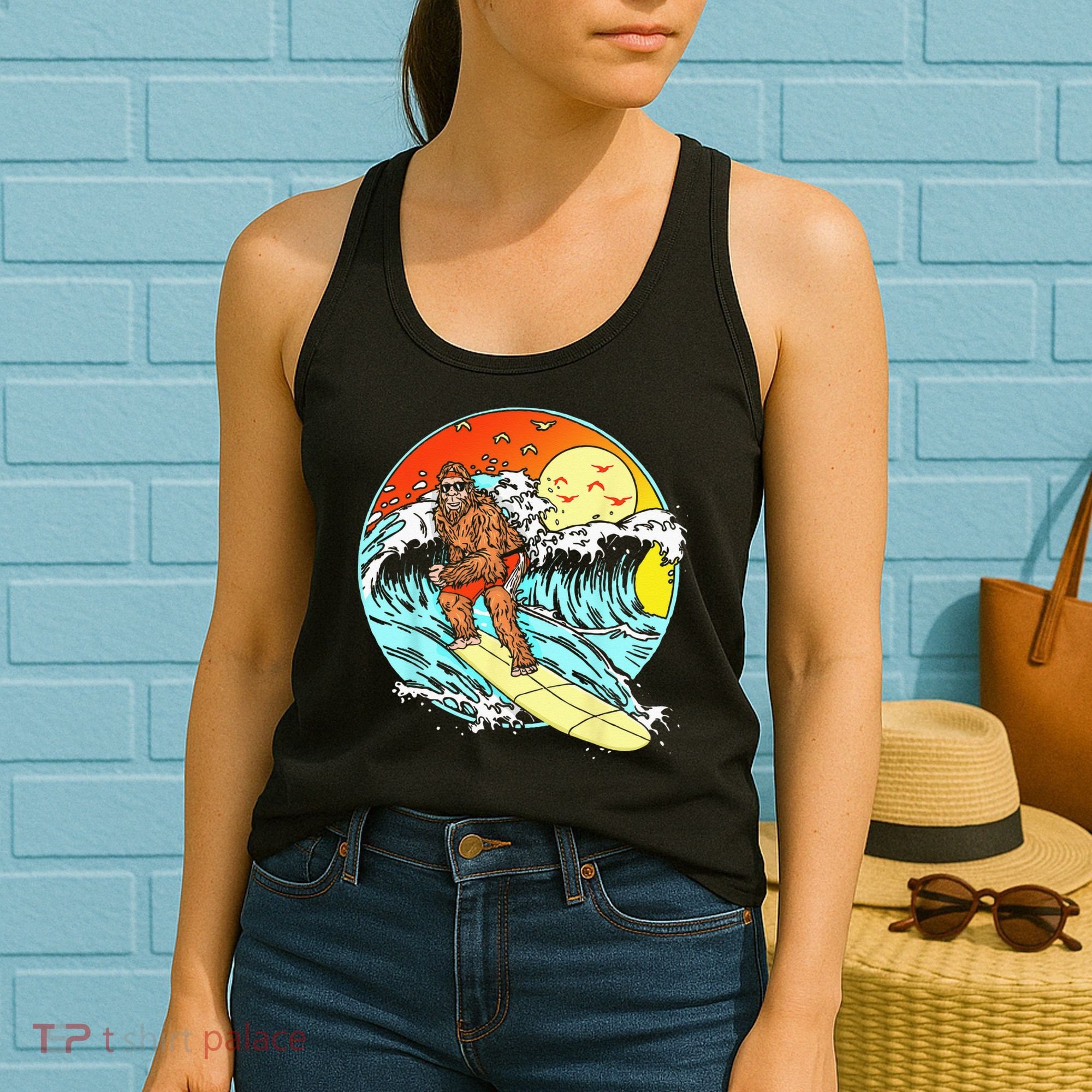 Surfing Bigfoot Funny Beach Sasquatch Surfer Waves Retro 80s Women's Tank Top
