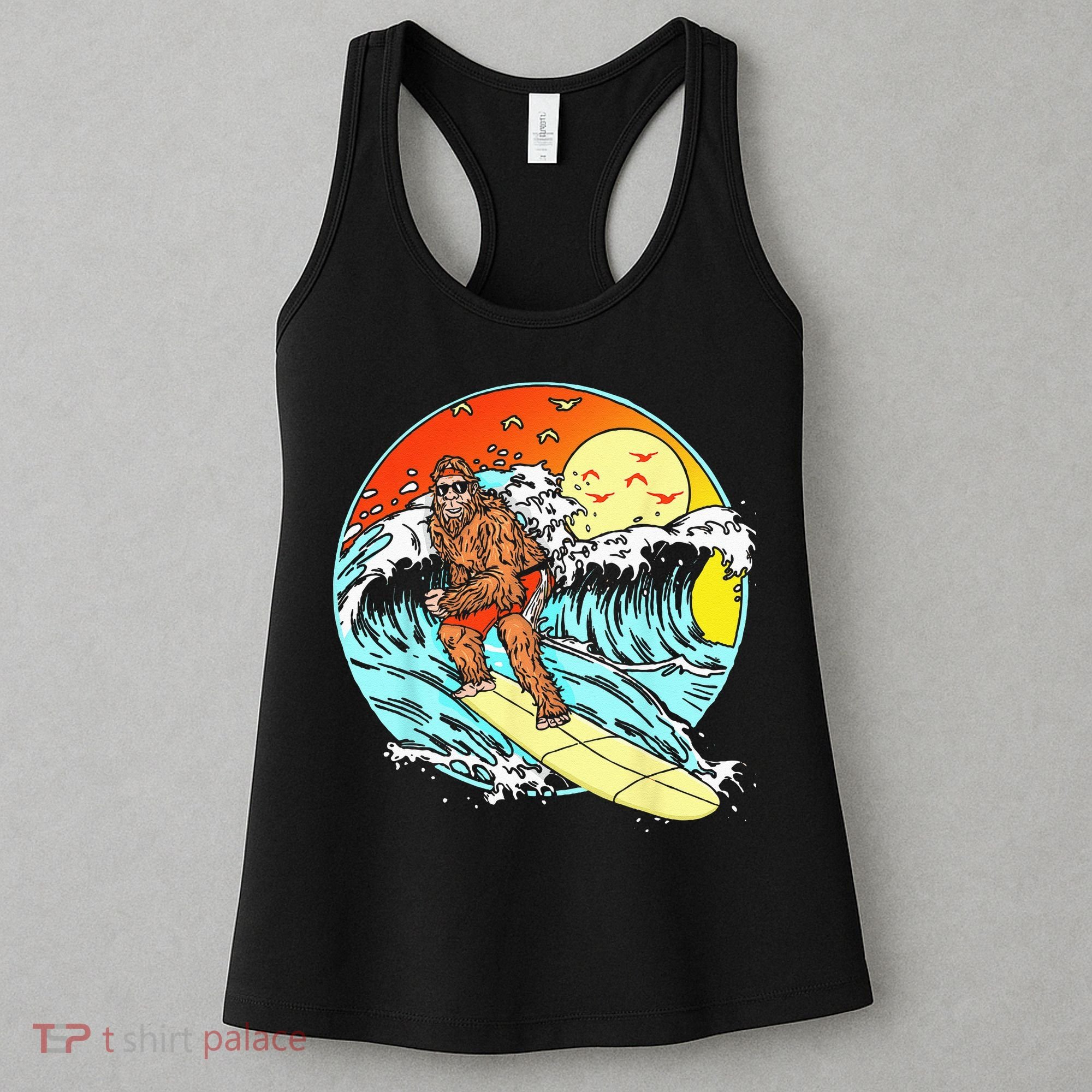 Surfing Bigfoot Funny Beach Sasquatch Surfer Waves Retro 80s Women's Tank Top