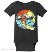 Surfing Bigfoot Funny Beach Sasquatch Surfer Waves Retro 80s Baby Bodysuit thumb 0