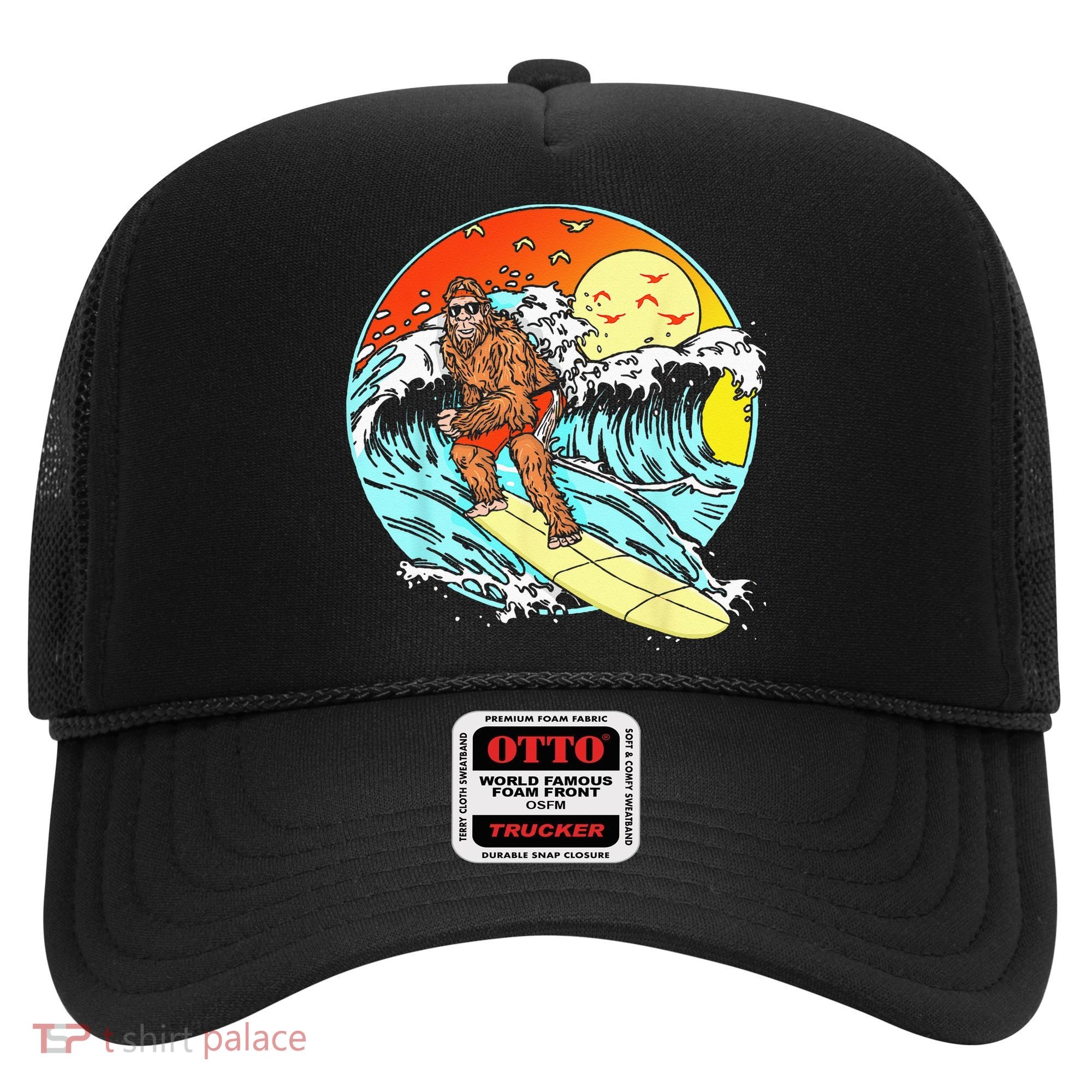Surfing Bigfoot Funny Beach Sasquatch Surfer Waves Retro 80s Hat