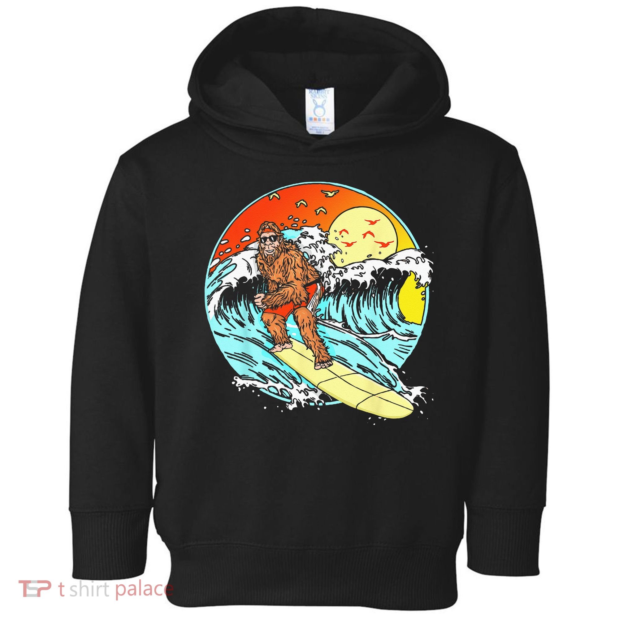 Surfing Bigfoot Funny Beach Sasquatch Surfer Waves Retro 80s Toddler Hoodie