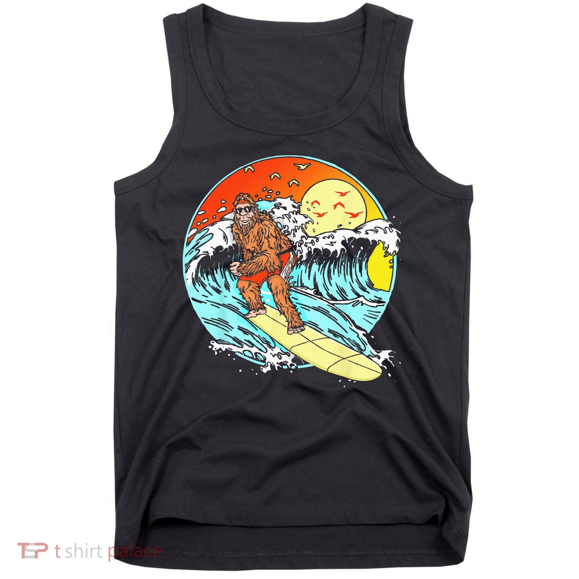 Surfing Bigfoot Funny Beach Sasquatch Surfer Waves Retro 80s Tank Top