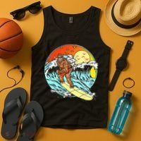 Surfing Bigfoot Funny Beach Sasquatch Surfer Waves Retro 80s Tank Top thumb 4