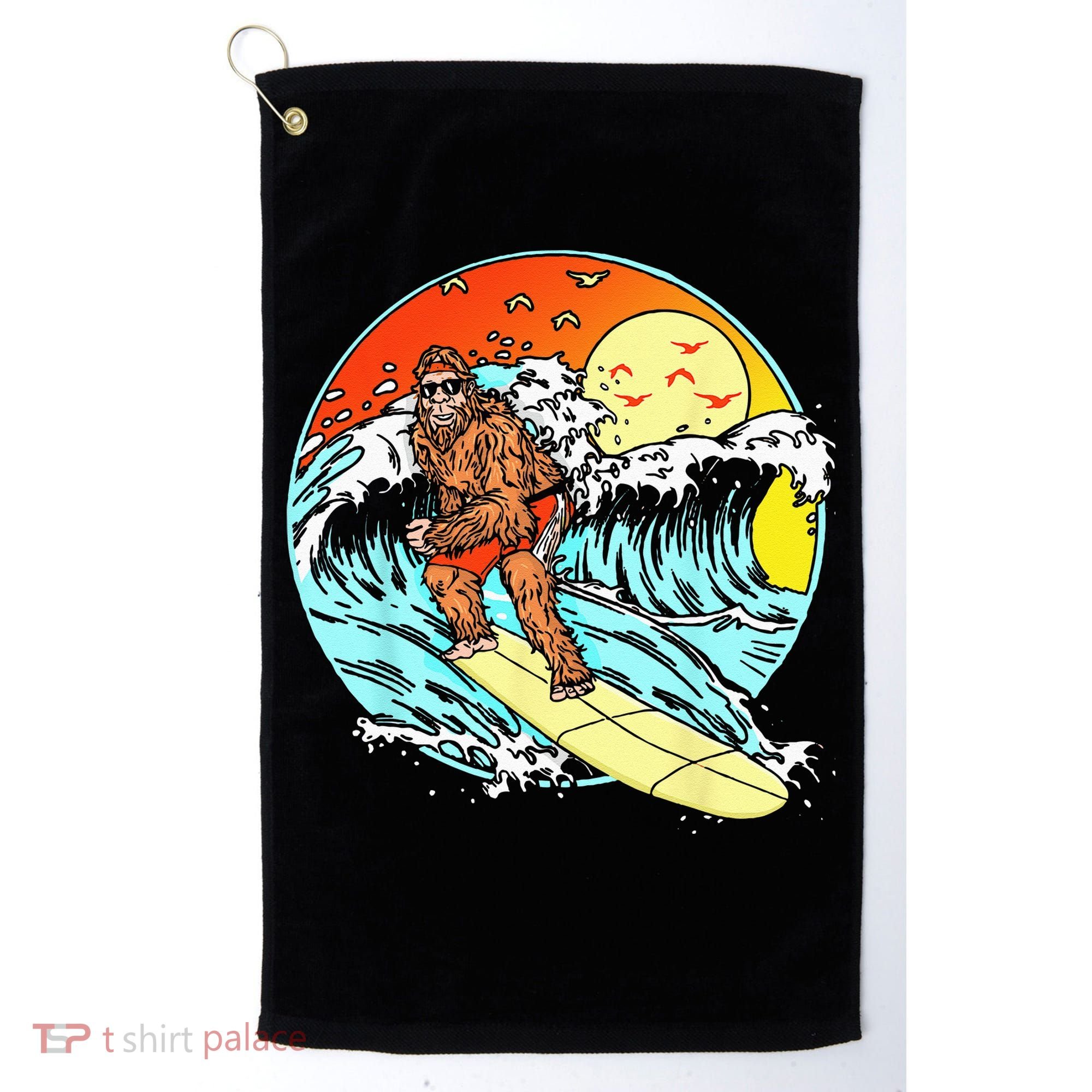 Surfing Bigfoot Funny Beach Sasquatch Surfer Waves Retro 80s Golf Towel