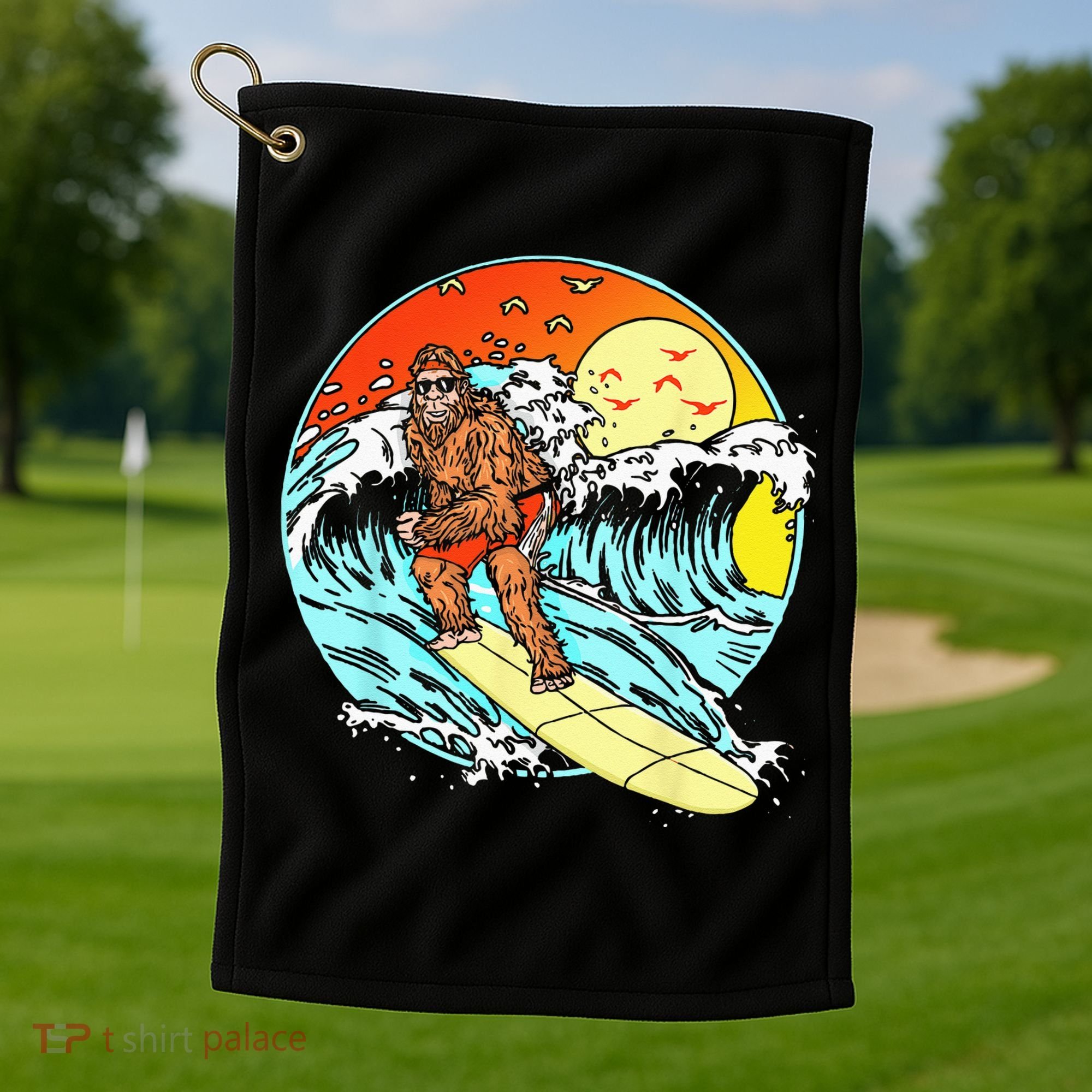Surfing Bigfoot Funny Beach Sasquatch Surfer Waves Retro 80s Golf Towel