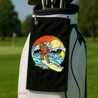 Surfing Bigfoot Funny Beach Sasquatch Surfer Waves Retro 80s Golf Towel thumb 2