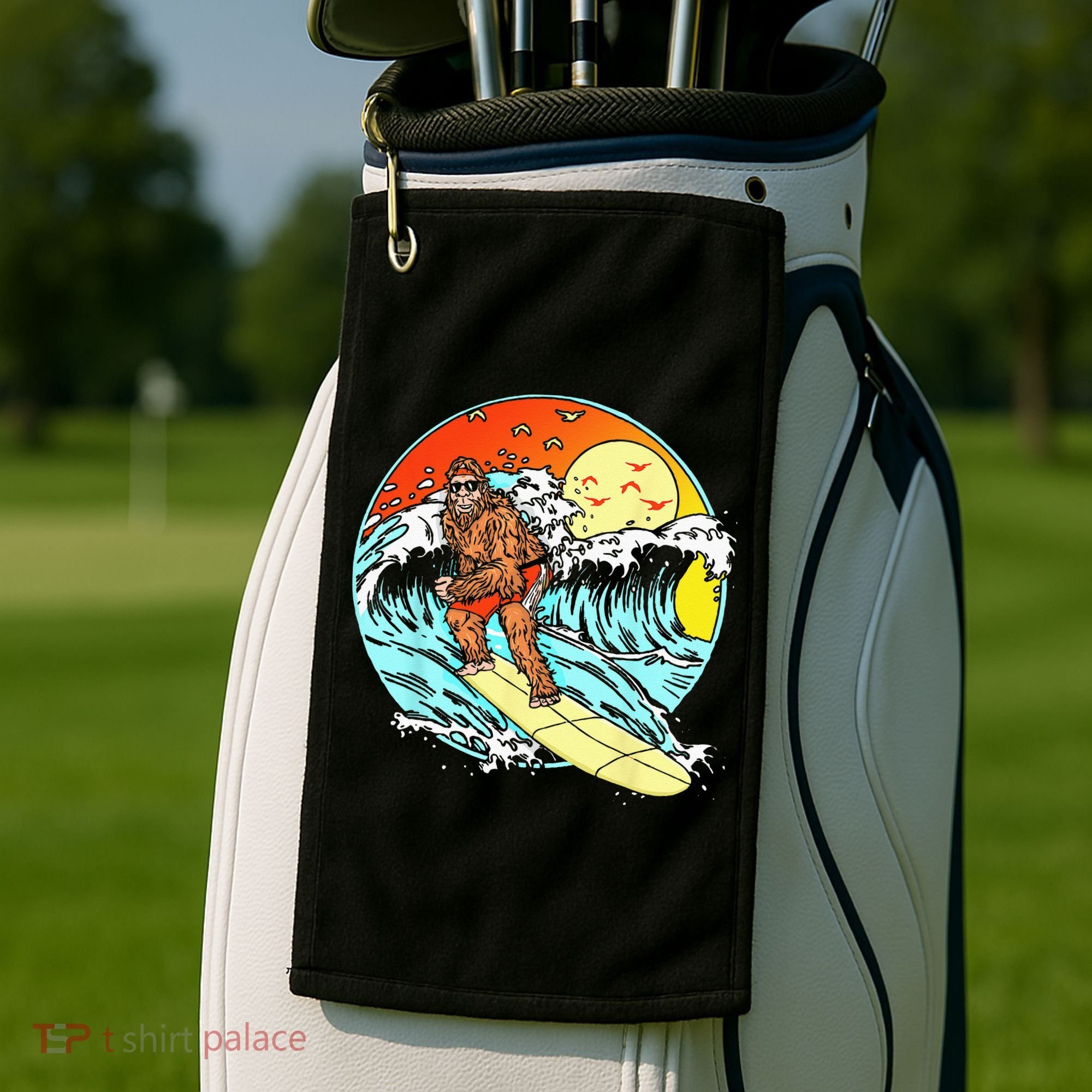 Surfing Bigfoot Funny Beach Sasquatch Surfer Waves Retro 80s Golf Towel