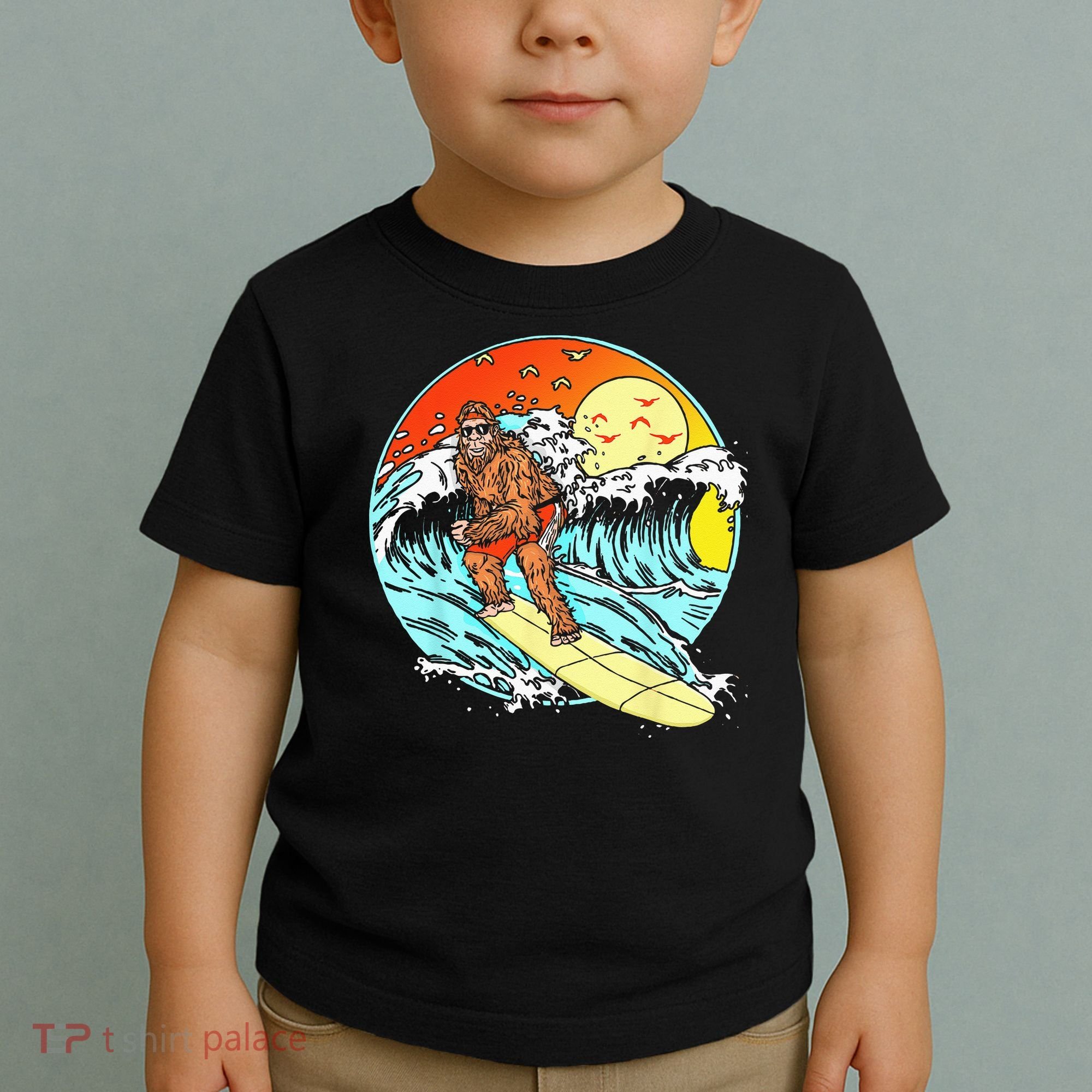 Surfing Bigfoot Funny Beach Sasquatch Surfer Waves Retro 80s Toddler T-Shirt