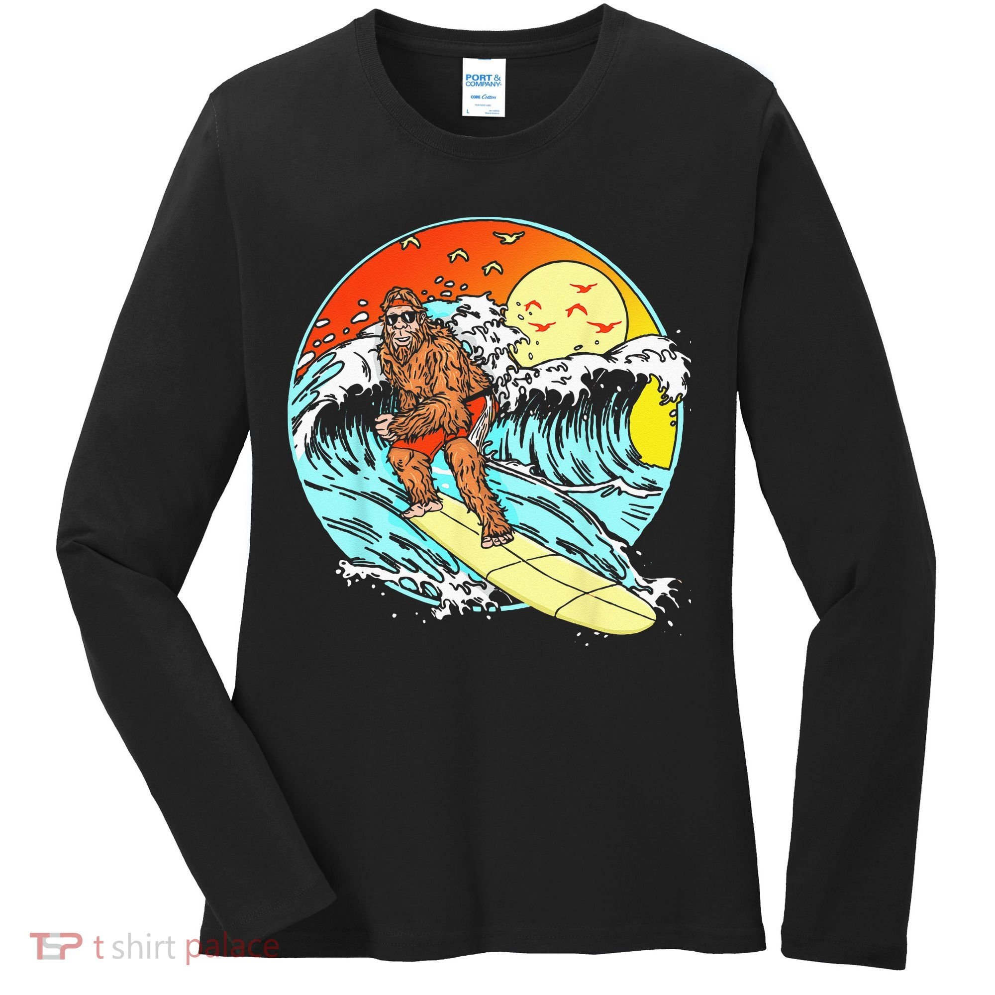 Surfing Bigfoot Funny Beach Sasquatch Surfer Waves Retro 80s Women's Long Sleeve Shirt