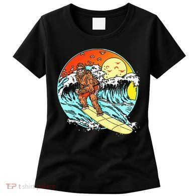 Surfing Bigfoot Funny Beach Sasquatch Surfer Waves Retro 80s Women's T-Shirt