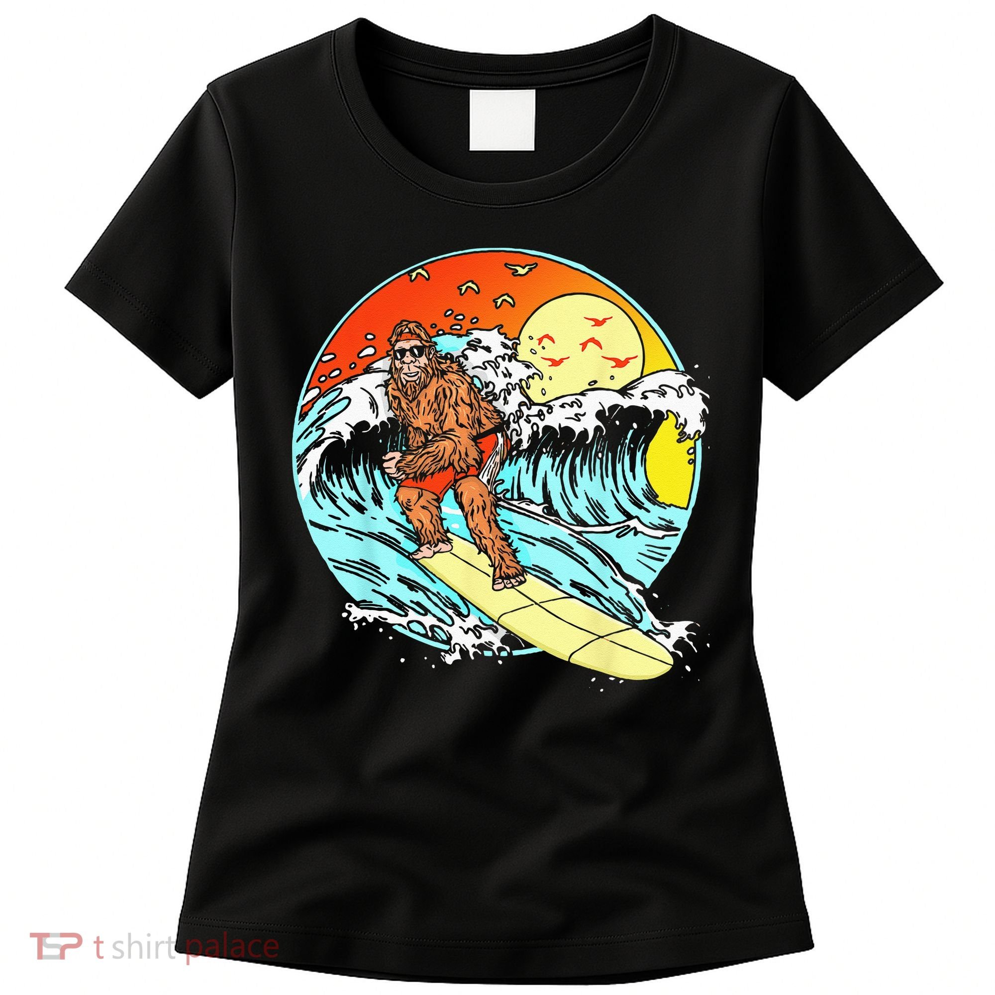 Surfing Bigfoot Funny Beach Sasquatch Surfer Waves Retro 80s Women's T-Shirt