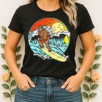 Surfing Bigfoot Funny Beach Sasquatch Surfer Waves Retro 80s Women's T-Shirt thumb 2