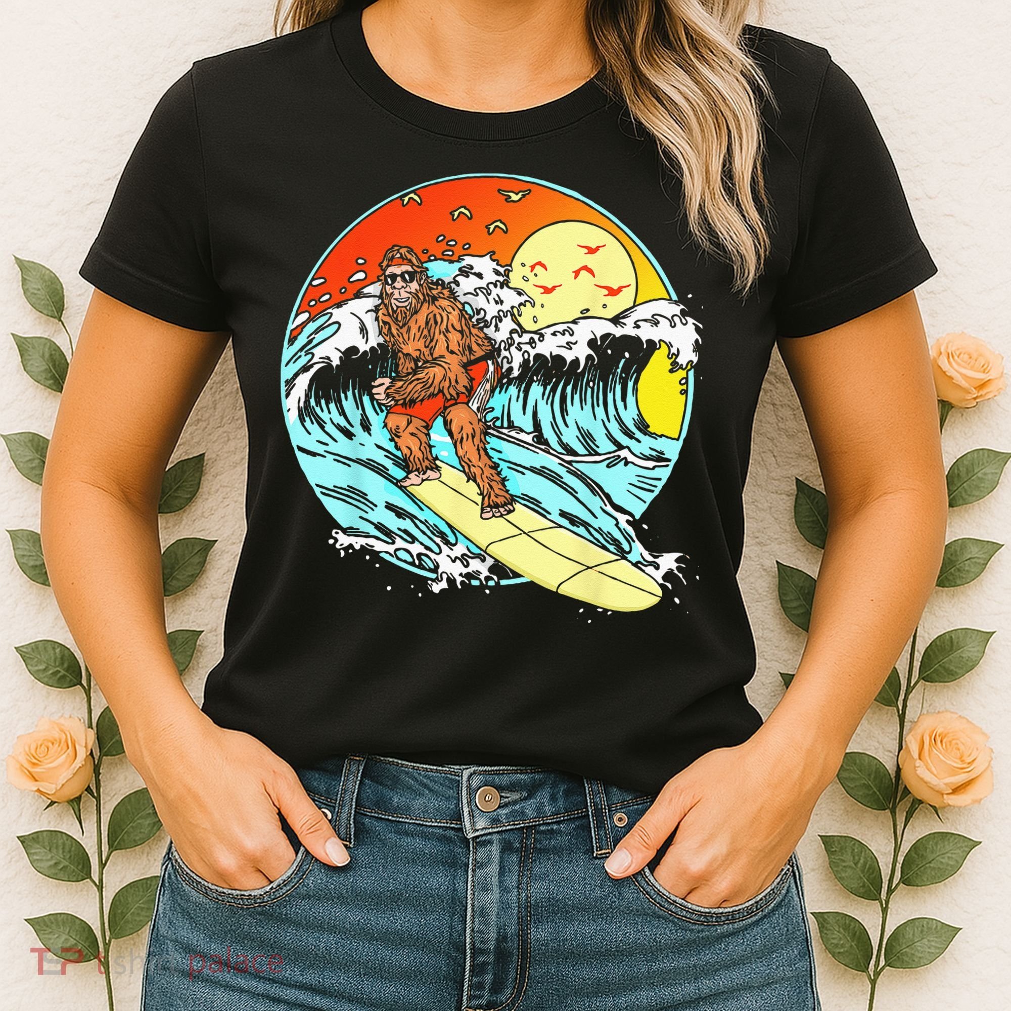 Surfing Bigfoot Funny Beach Sasquatch Surfer Waves Retro 80s Women's T-Shirt