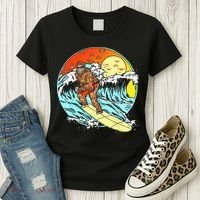 Surfing Bigfoot Funny Beach Sasquatch Surfer Waves Retro 80s Women's T-Shirt thumb 3