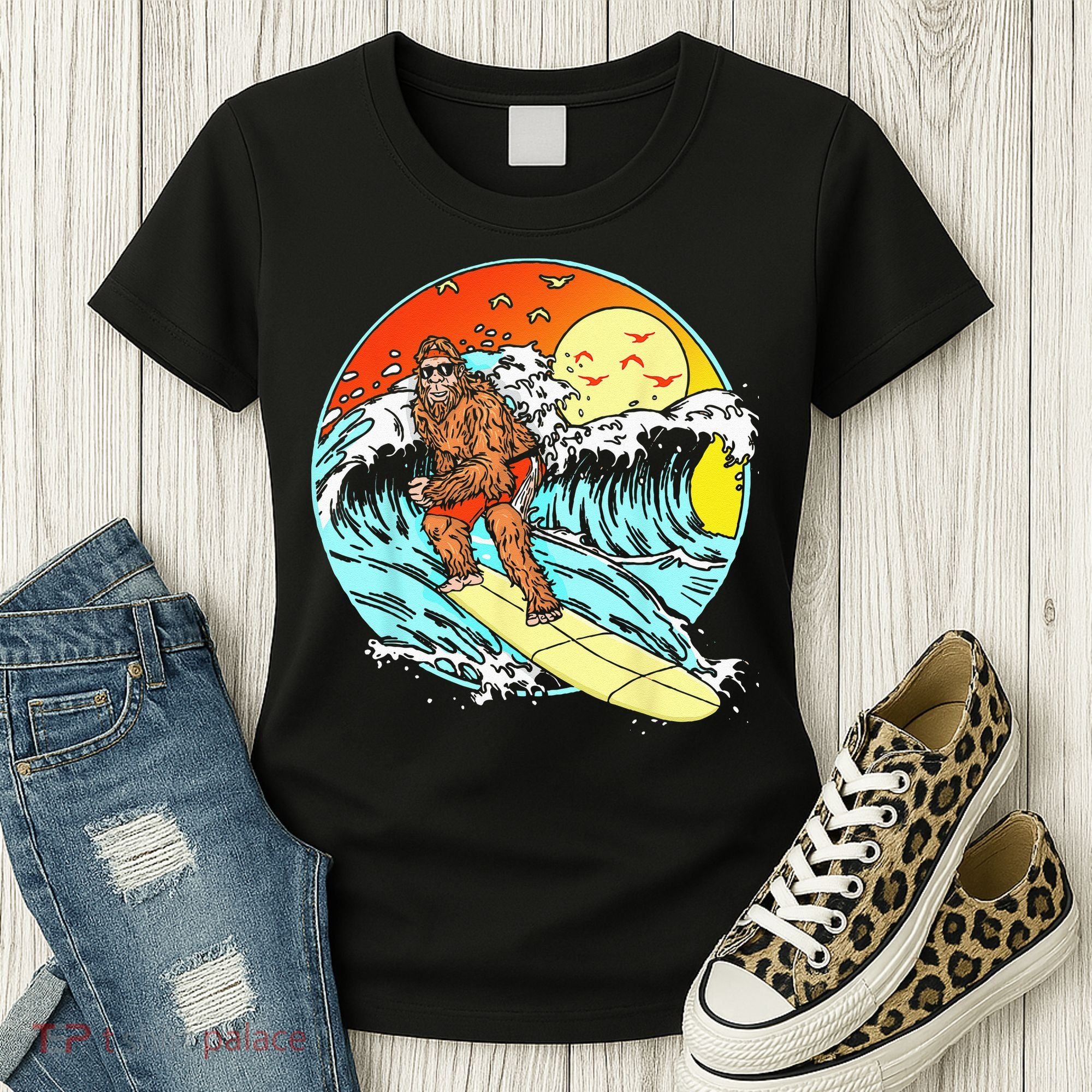 Surfing Bigfoot Funny Beach Sasquatch Surfer Waves Retro 80s Women's T-Shirt