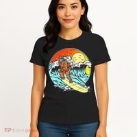 Surfing Bigfoot Funny Beach Sasquatch Surfer Waves Retro 80s Women's T-Shirt thumb 4