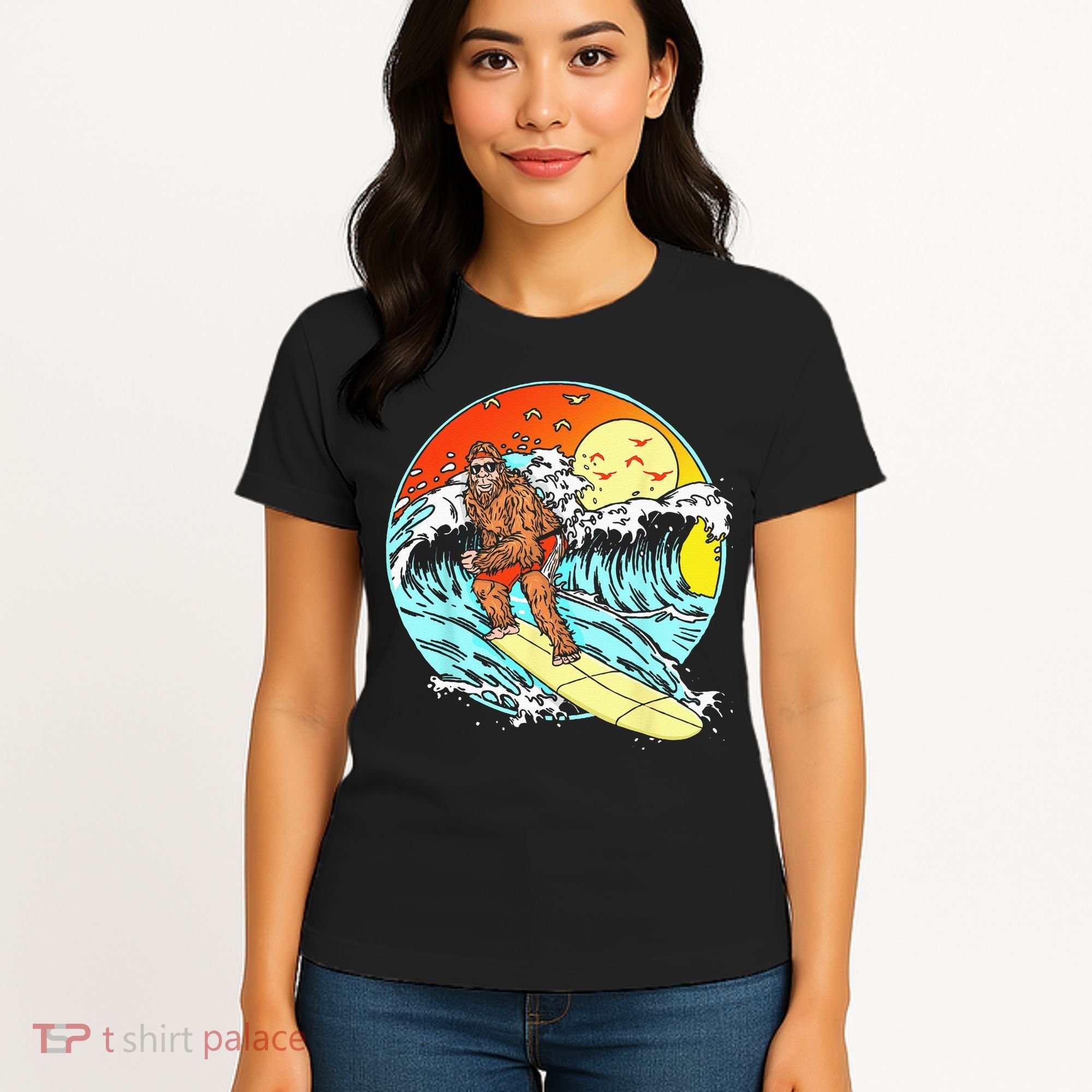Surfing Bigfoot Funny Beach Sasquatch Surfer Waves Retro 80s Women's T-Shirt