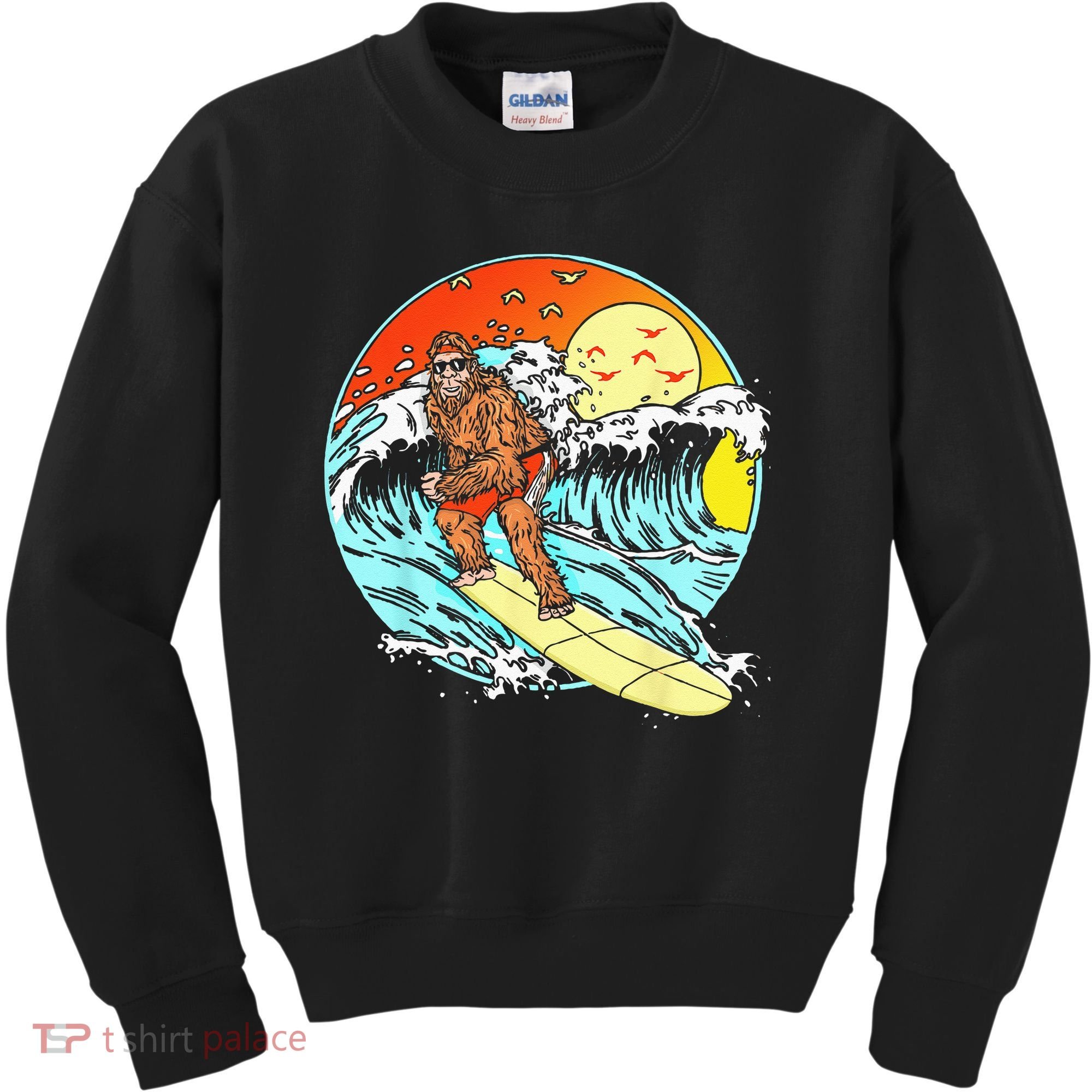 Surfing Bigfoot Funny Beach Sasquatch Surfer Waves Retro 80s Kids Sweatshirt