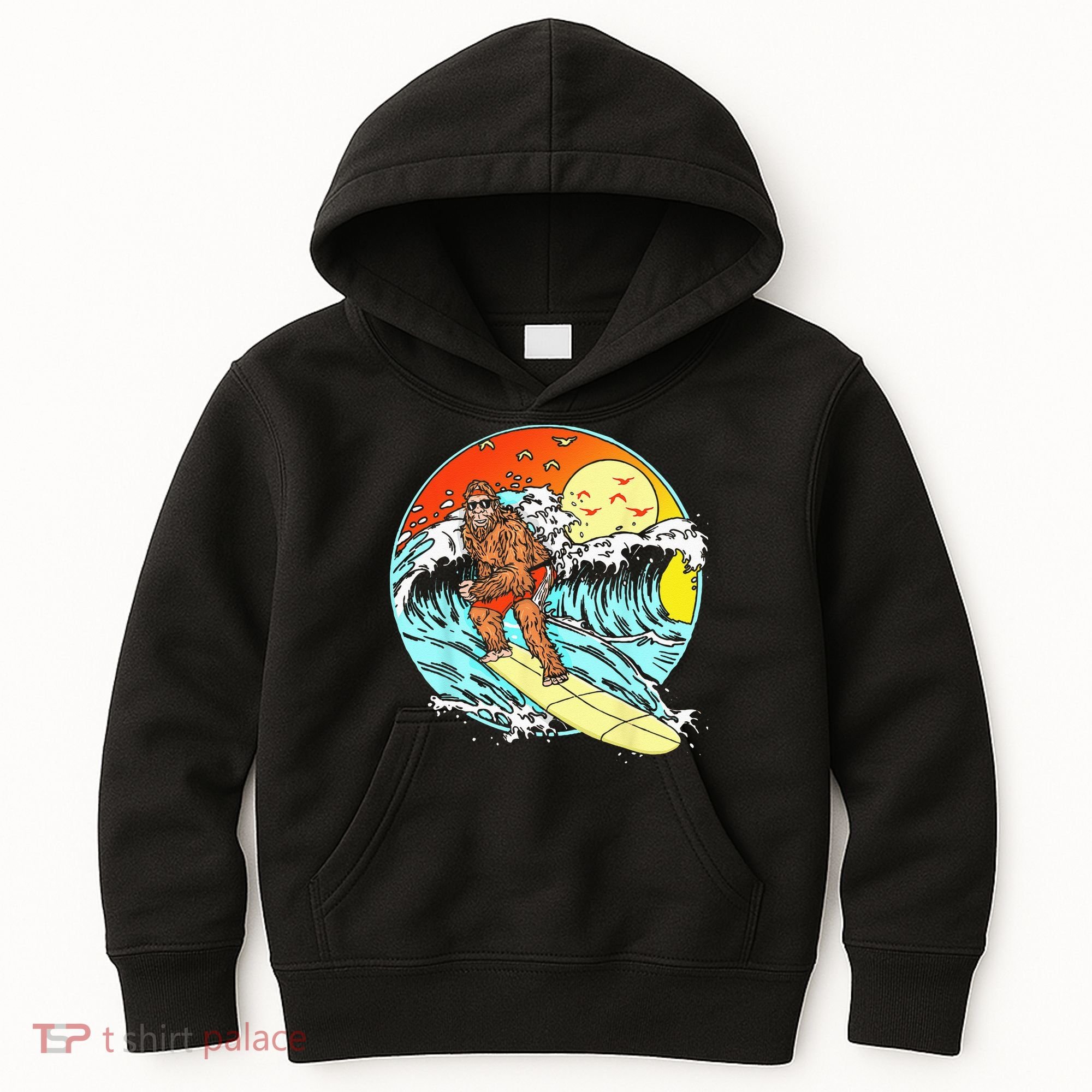Surfing Bigfoot Funny Beach Sasquatch Surfer Waves Retro 80s Kids Hoodie