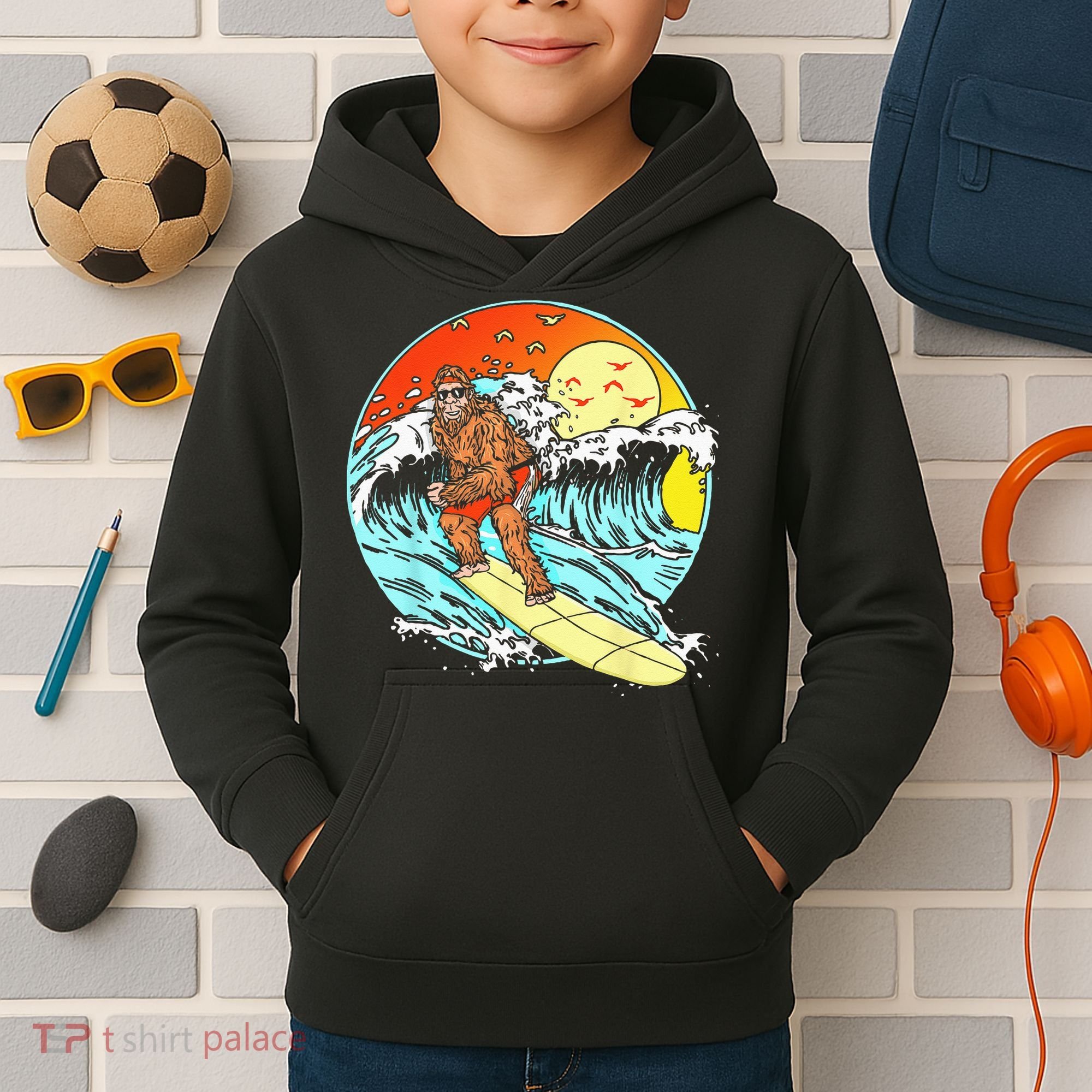 Surfing Bigfoot Funny Beach Sasquatch Surfer Waves Retro 80s Kids Hoodie