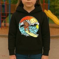 Surfing Bigfoot Funny Beach Sasquatch Surfer Waves Retro 80s Kids Hoodie thumb 3
