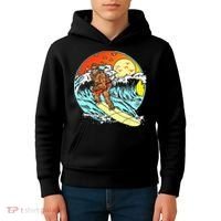 Surfing Bigfoot Funny Beach Sasquatch Surfer Waves Retro 80s Kids Hoodie thumb 4