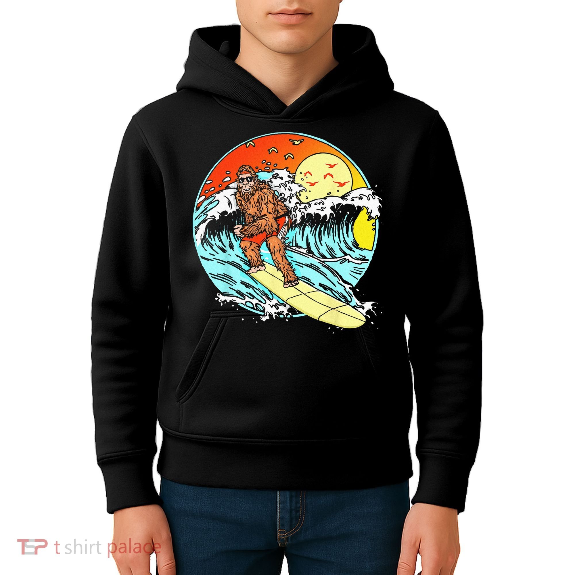 Surfing Bigfoot Funny Beach Sasquatch Surfer Waves Retro 80s Kids Hoodie