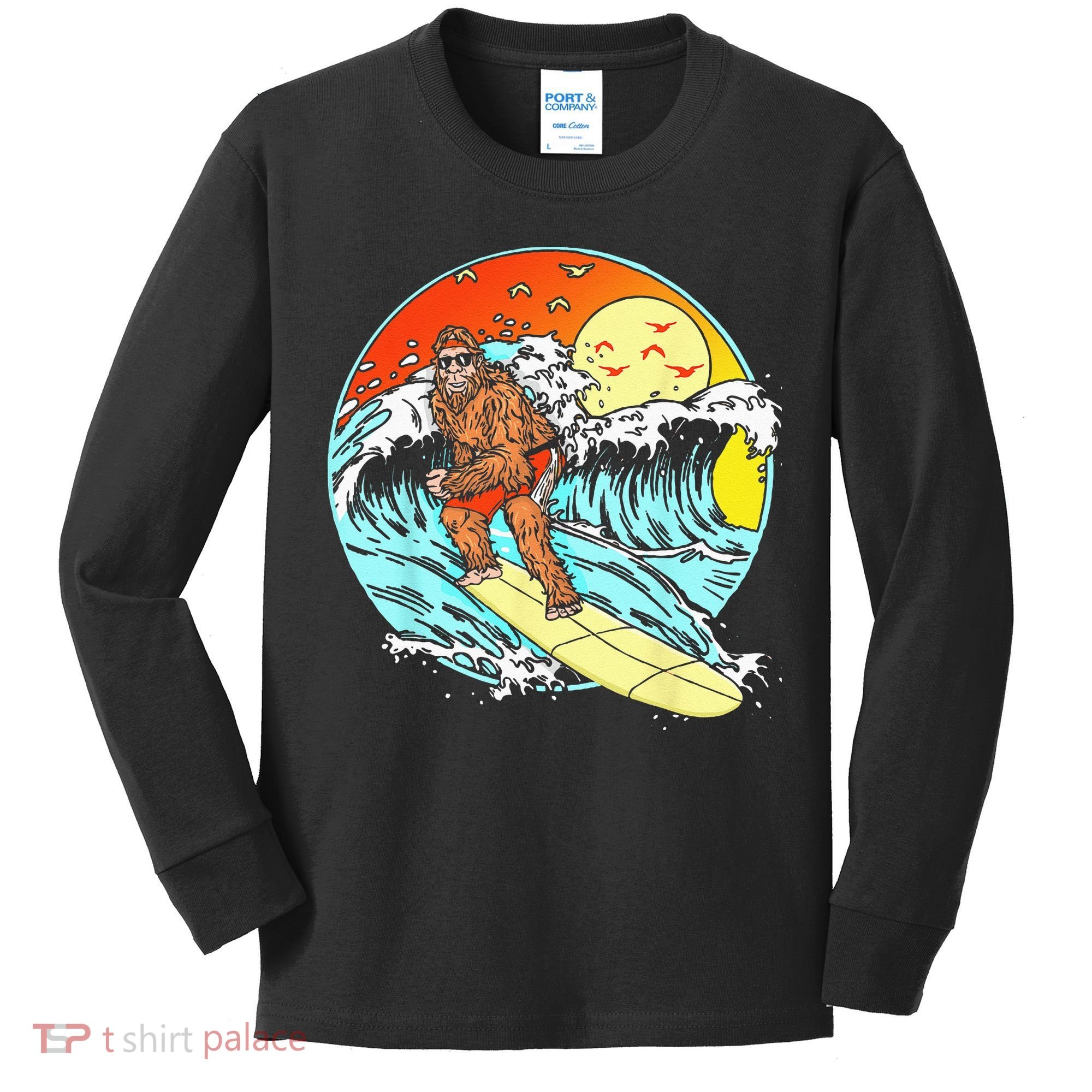 Surfing Bigfoot Funny Beach Sasquatch Surfer Waves Retro 80s Kids Long Sleeve Shirt